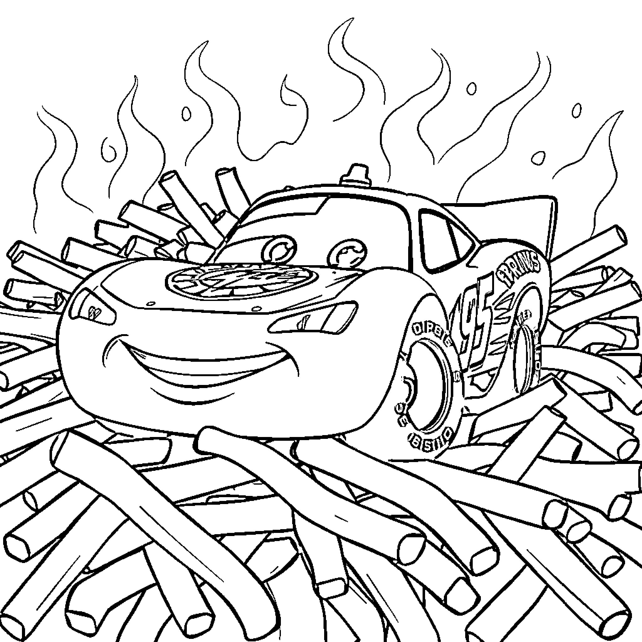 Lightning McQueen racing through chaos and destruction Coloring Page (free black-and-white line drawing printable PDF for all, from beginners to advanced learners, including children, teens, adults, and seniors)
