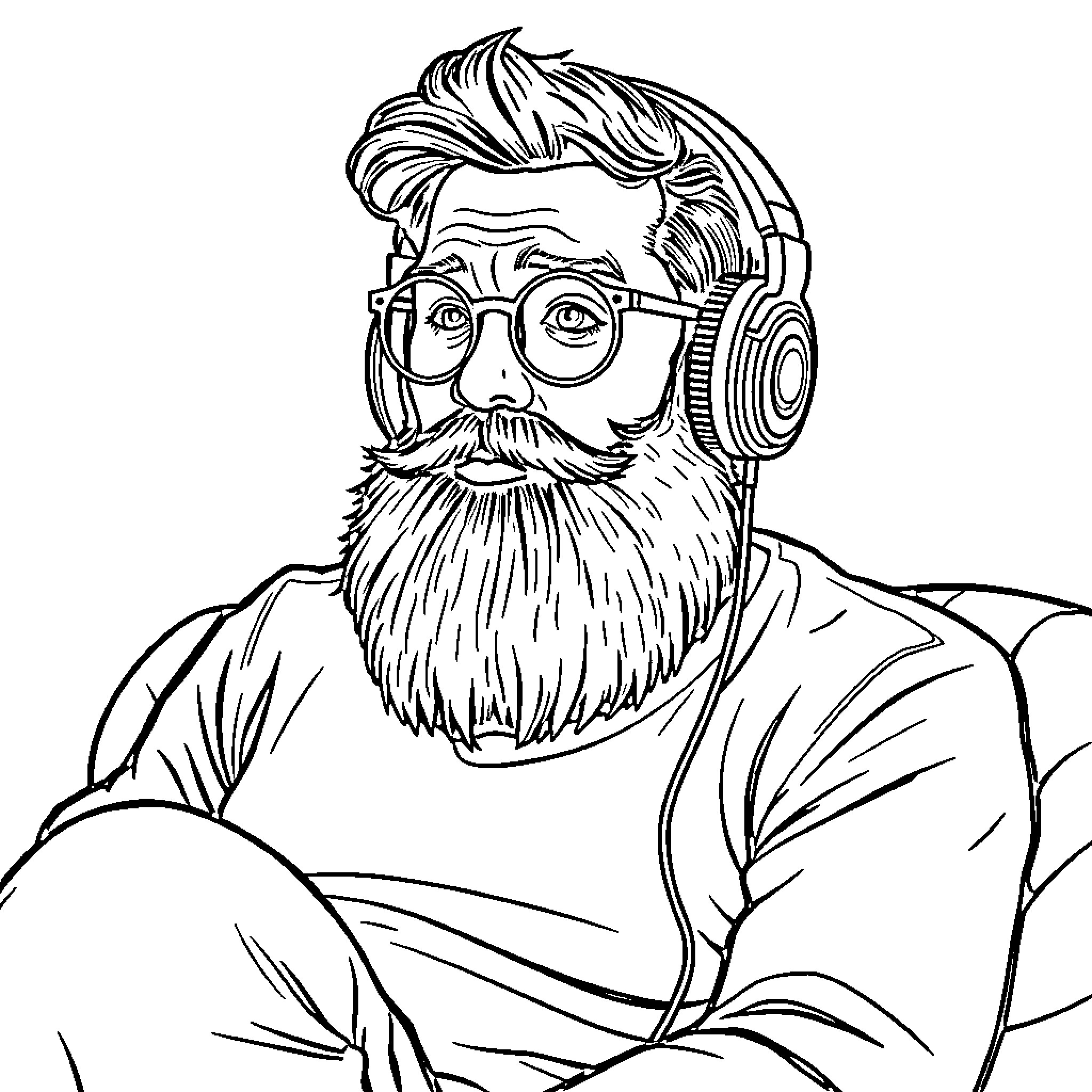 Man with glasses and headphones enjoying music Coloring Page (free black-and-white line drawing printable PDF for all, from beginners to advanced learners, including children, teens, adults, and seniors)