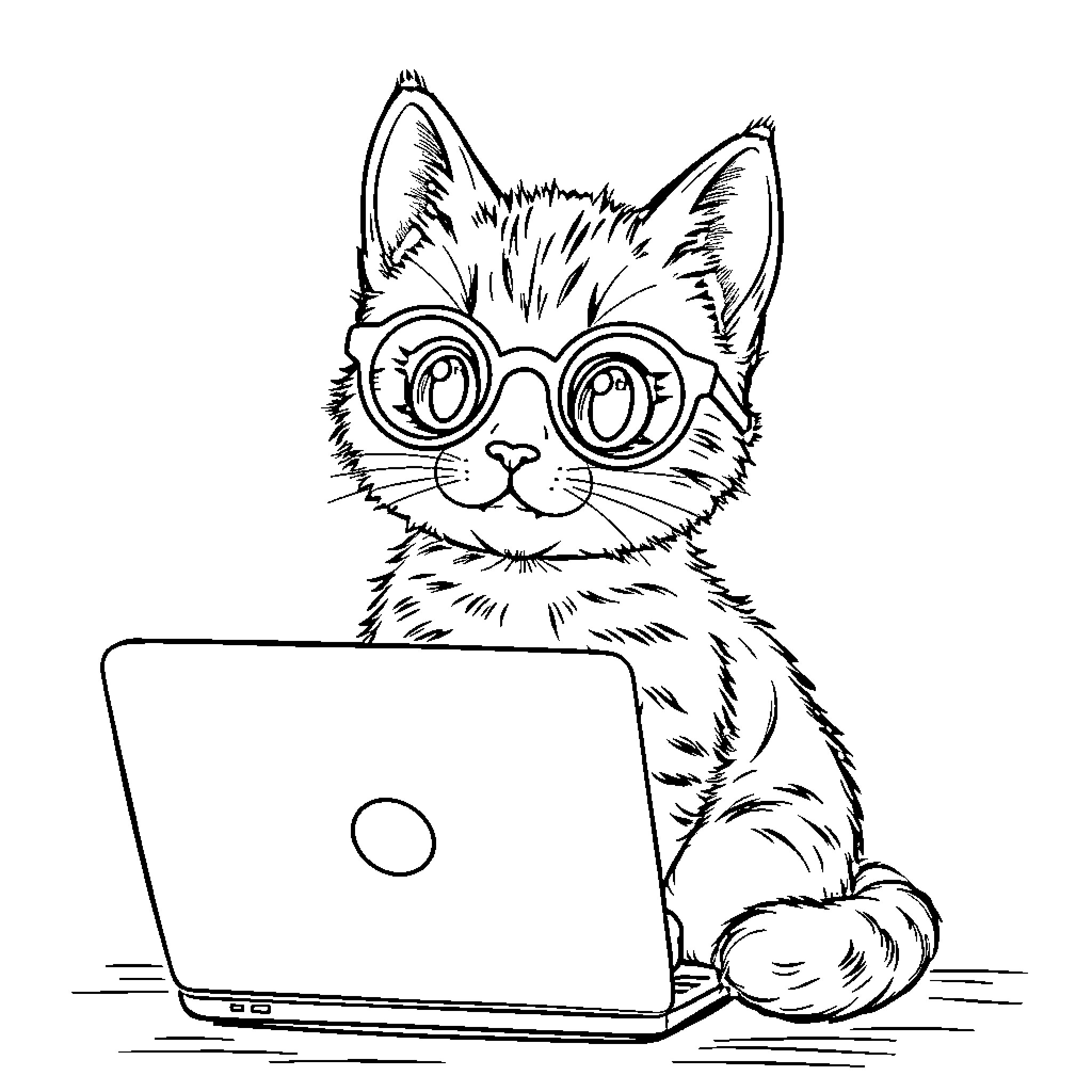 Kitten using laptop with curious expression Coloring Page (free black-and-white line drawing printable PDF for all, from beginners to advanced learners, including children, teens, adults, and seniors)
