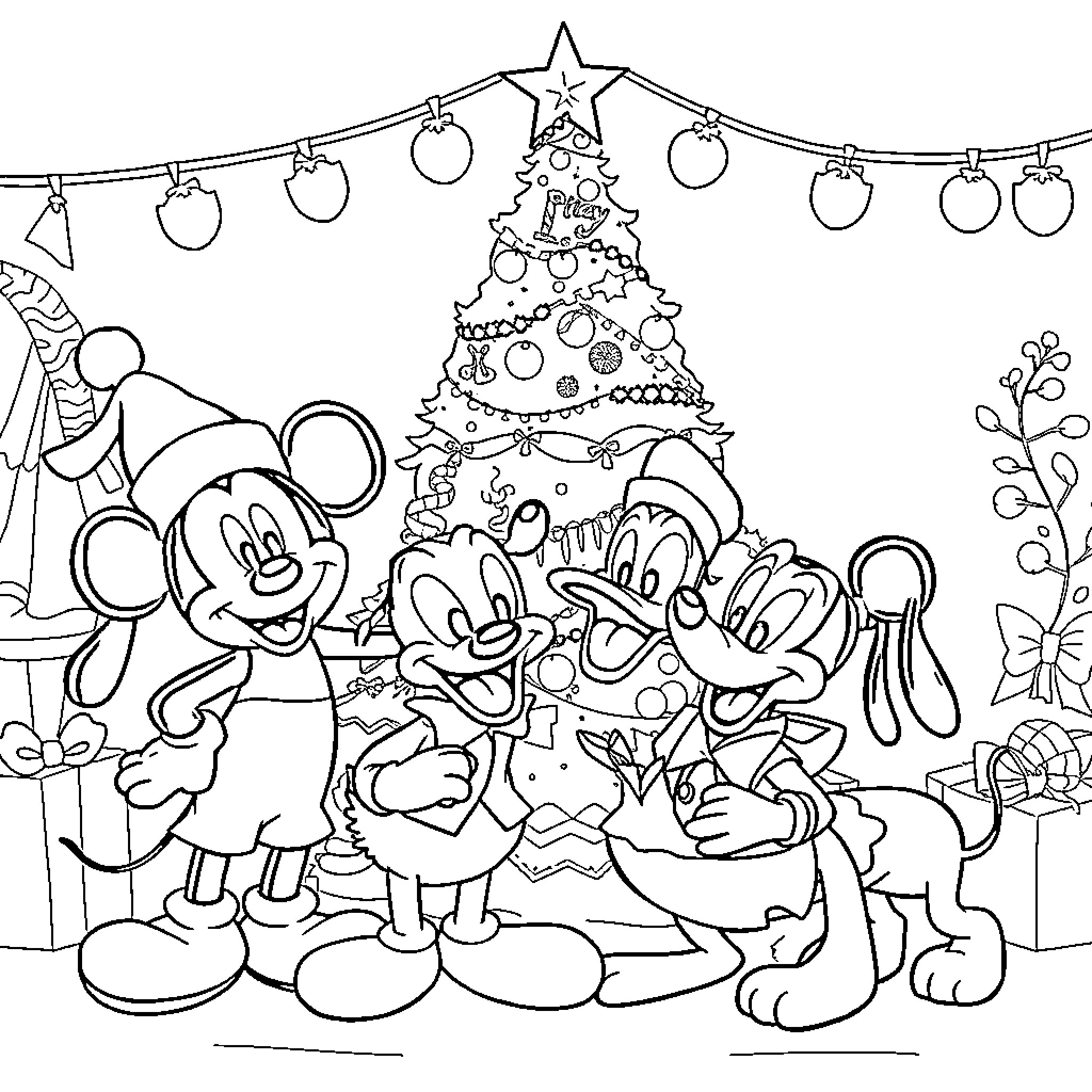 Mickey Mouse and friends celebrating Christmas together Coloring Page (free black-and-white line drawing printable PDF for all, from beginners to advanced learners, including children, teens, adults, and seniors)