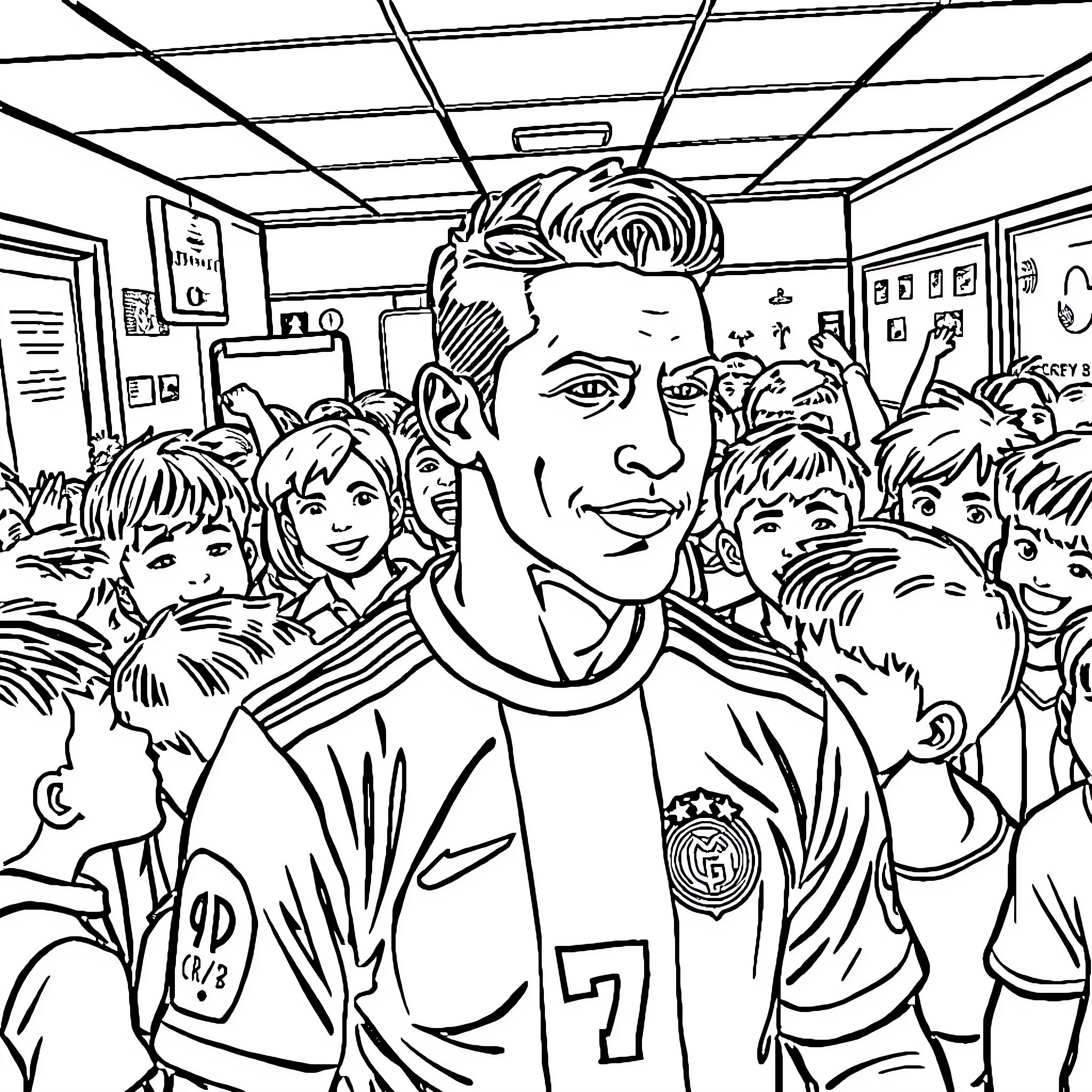 Cr7 surrounded by fans in sports arena Coloring Page (free black-and-white line drawing printable PDF for all, from beginners to advanced learners, including children, teens, adults, and seniors)