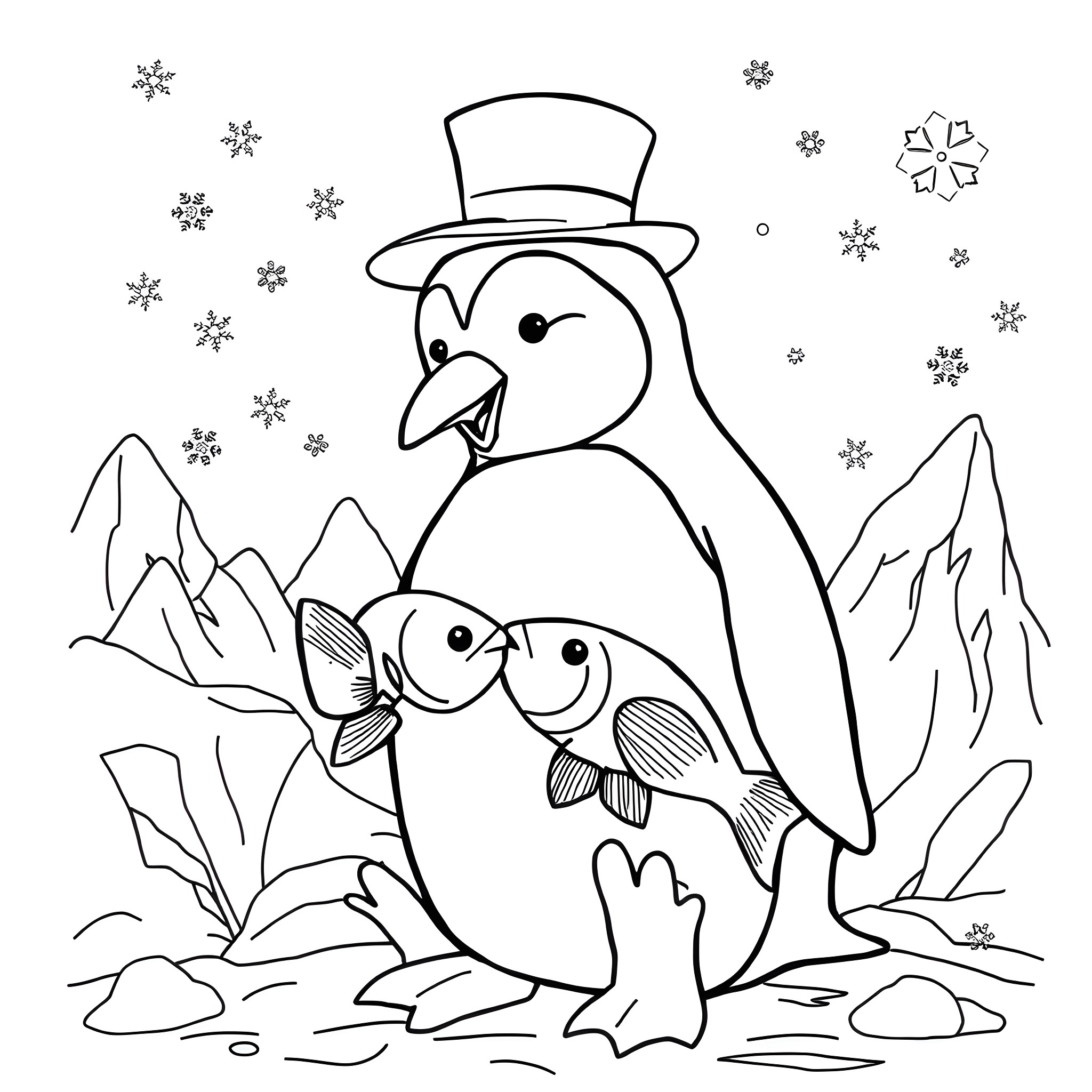 Penguin in a snowy winter scene with fish friends Coloring Page (free black-and-white line drawing printable PDF for all, from beginners to advanced learners, including children, teens, adults, and seniors)