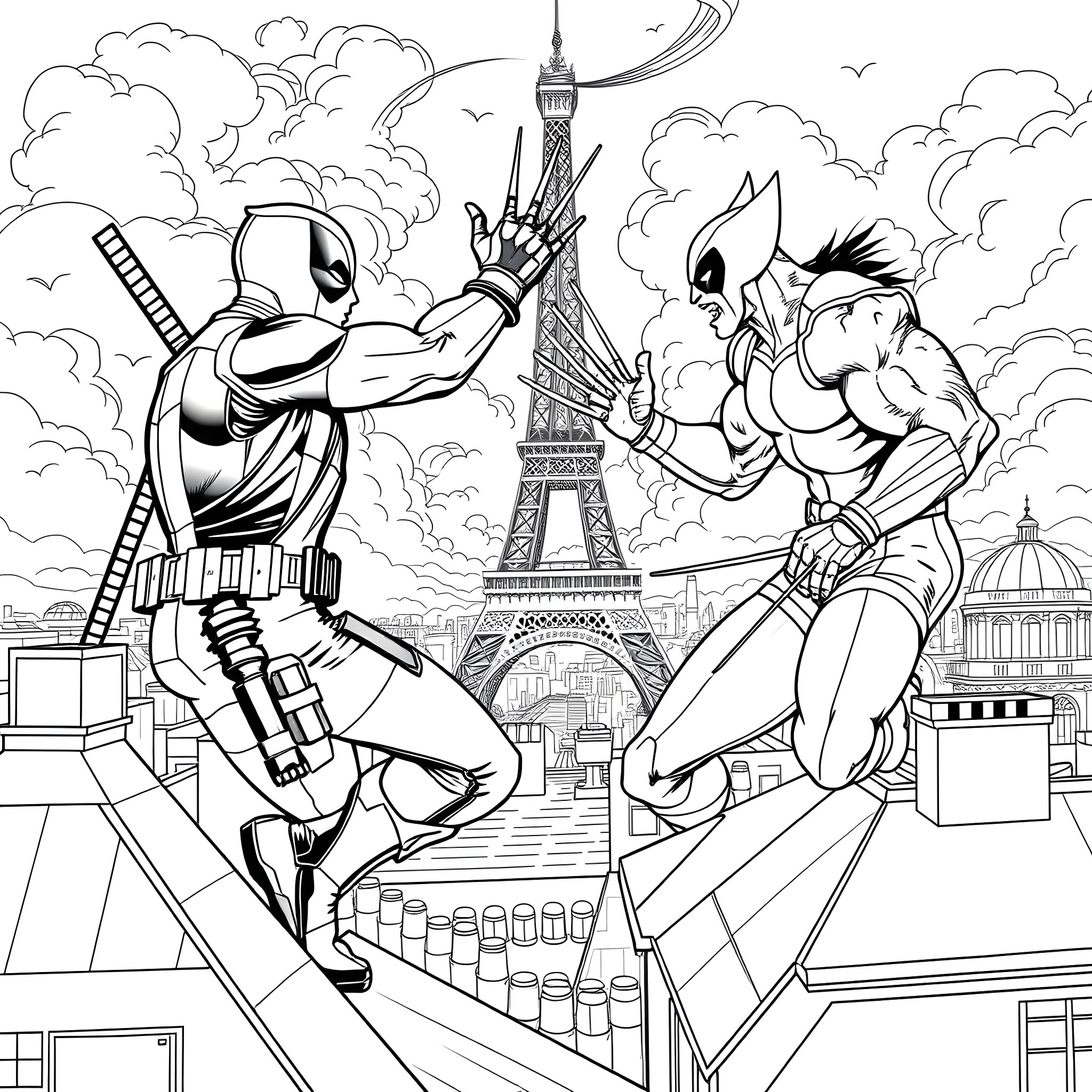 Deadpool's Parisian Showdown with Wolverine Coloring Page (free black-and-white line drawing printable PDF for all, from beginners to advanced learners, including children, teens, adults, and seniors)