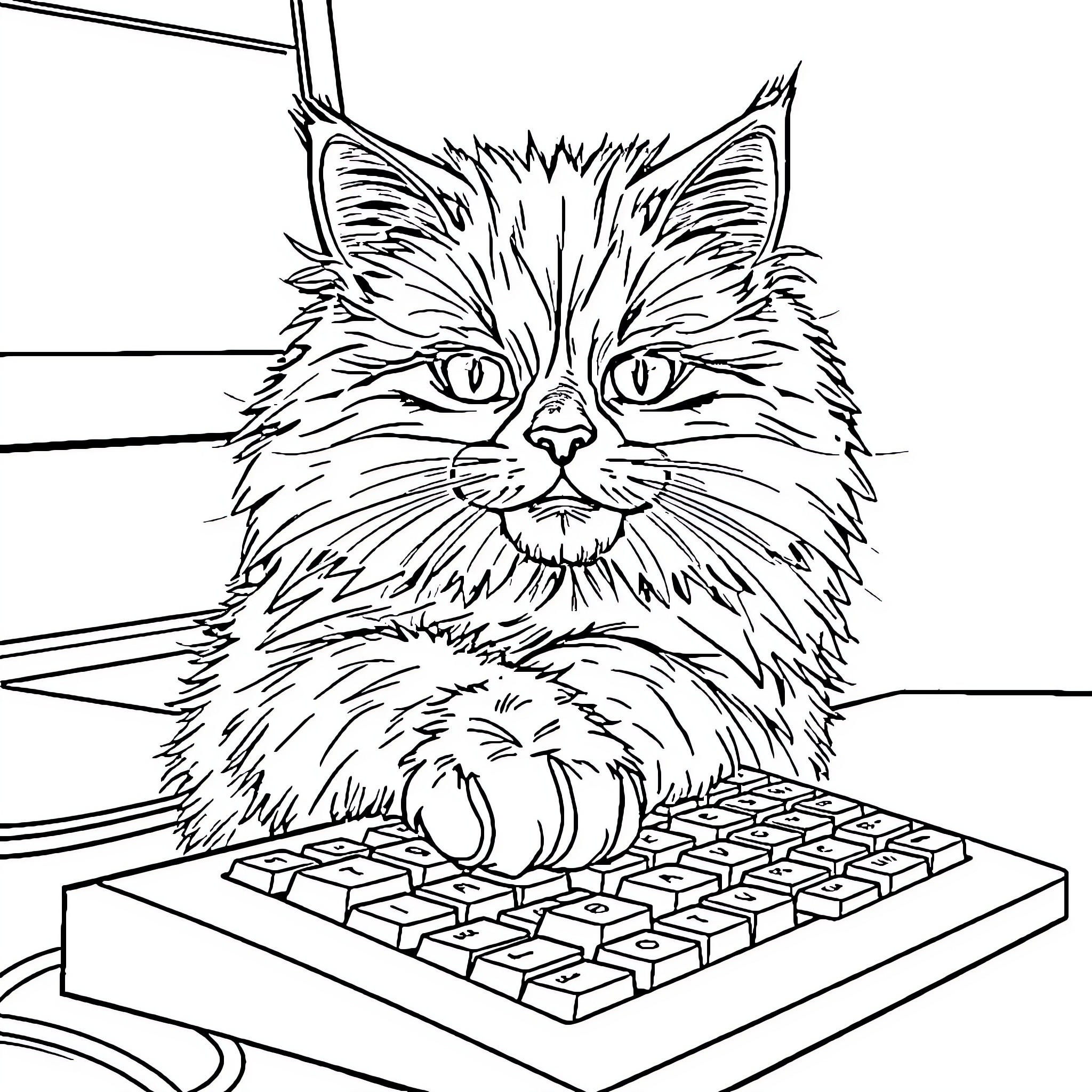 Cat typing on a keyboard Coloring Page (free black-and-white line drawing printable PDF for all, from beginners to advanced learners, including children, teens, adults, and seniors)