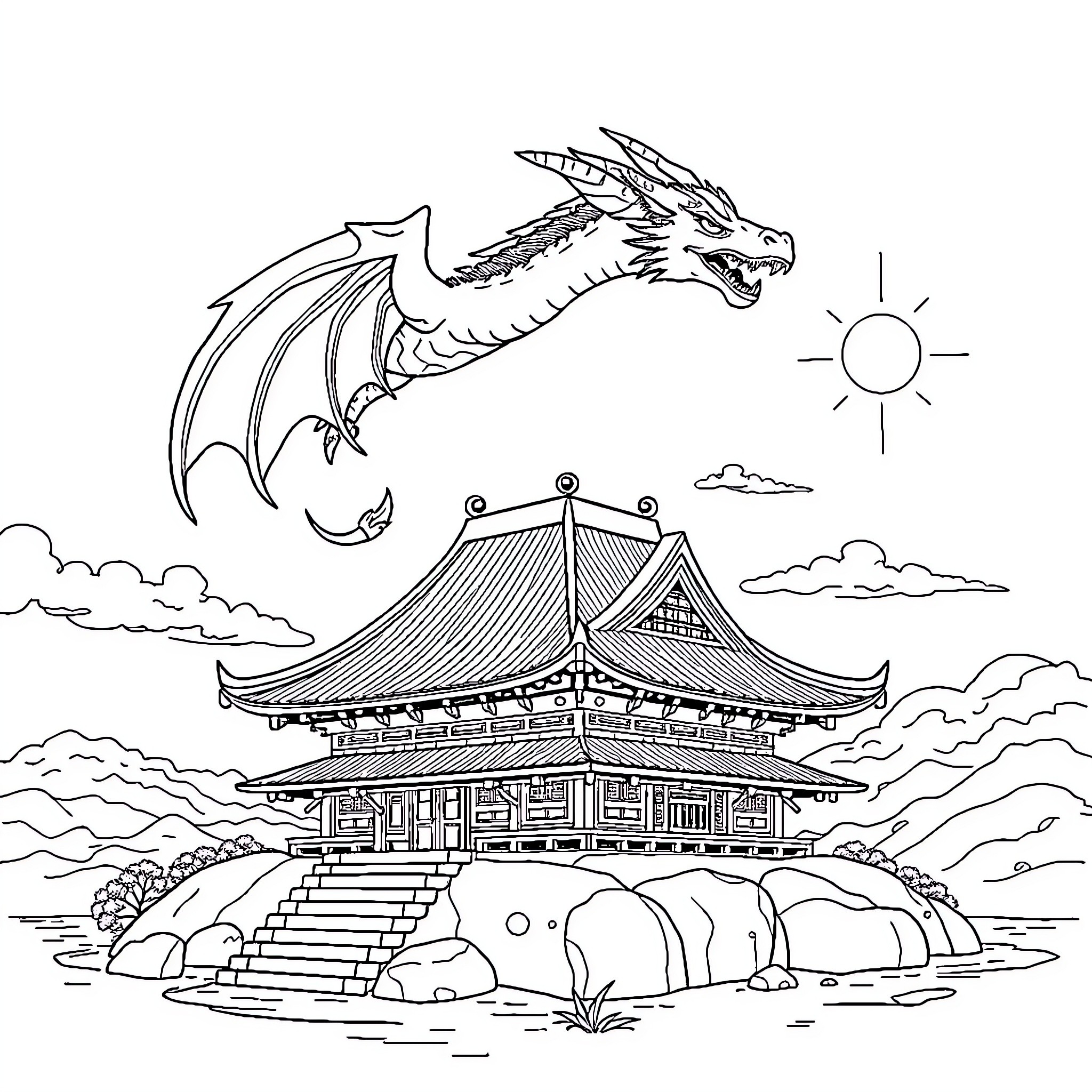 Dragon soaring over a traditional Japanese temple Coloring Page (free black-and-white line drawing printable PDF for all, from beginners to advanced learners, including children, teens, adults, and seniors)