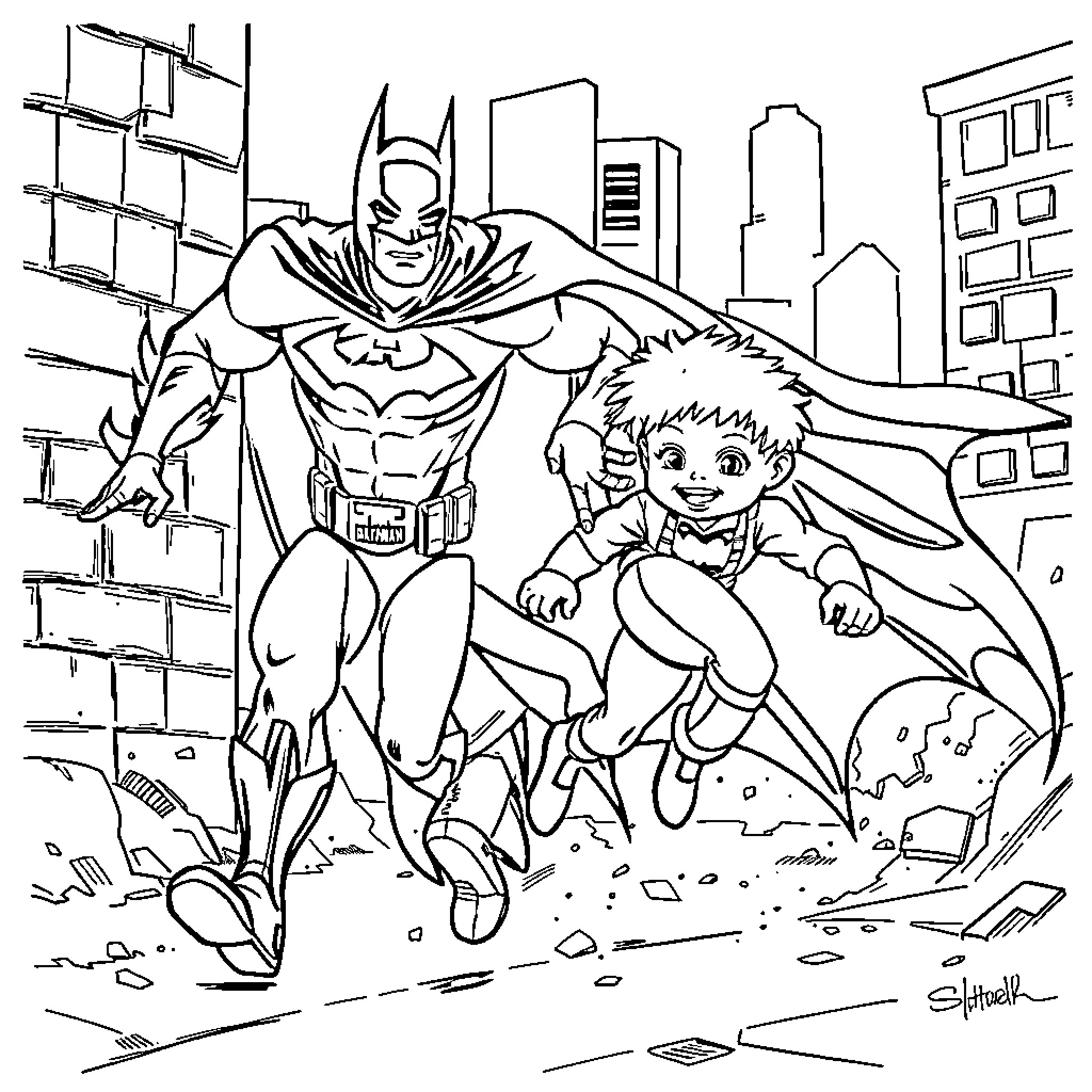 Batman and young superhero saving the city Coloring Page (free black-and-white line drawing printable PDF for all, from beginners to advanced learners, including children, teens, adults, and seniors)