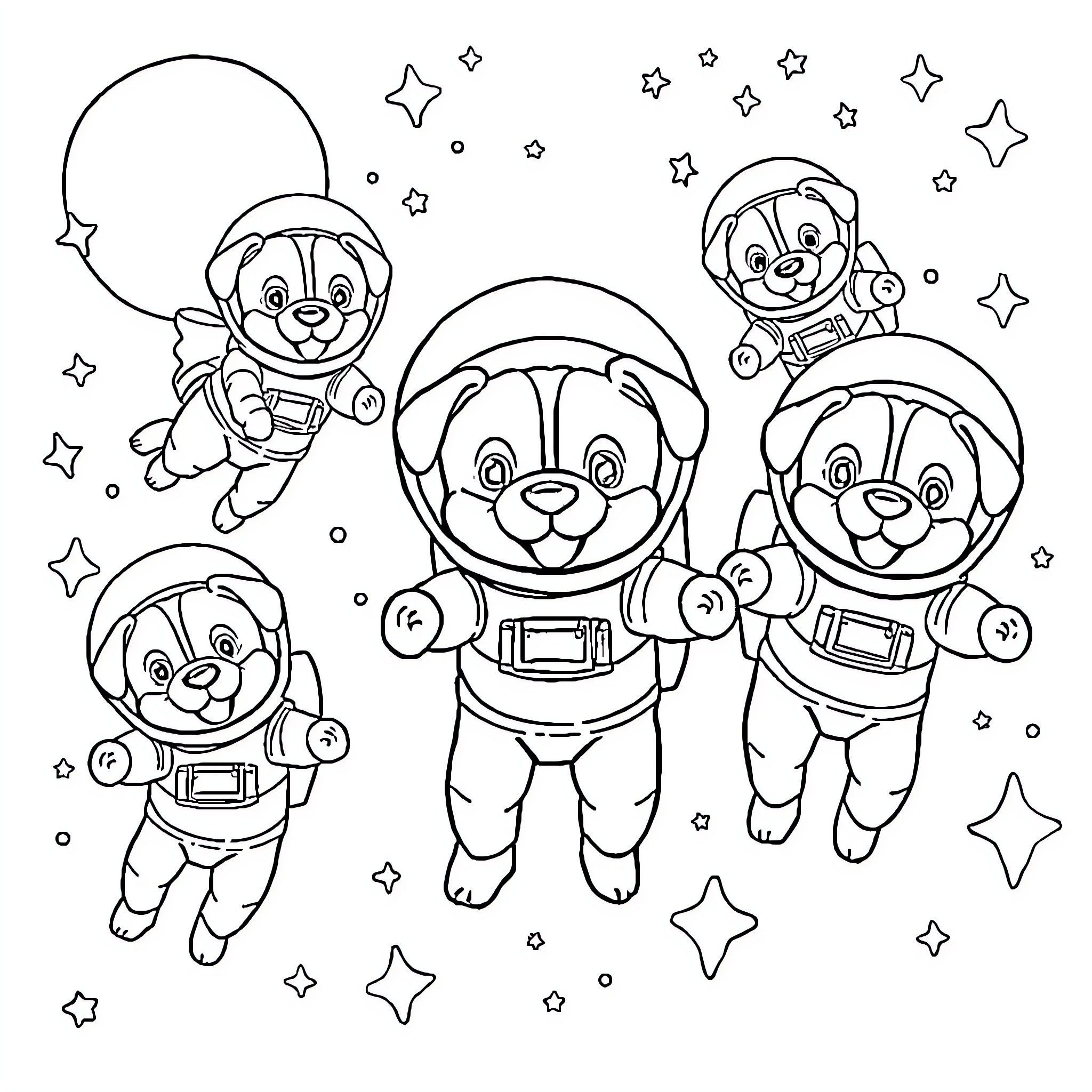 Dogs in Astronaut Outfits Exploring Outer Space Coloring Page (free black-and-white line drawing printable PDF for all, from beginners to advanced learners, including children, teens, adults, and seniors)