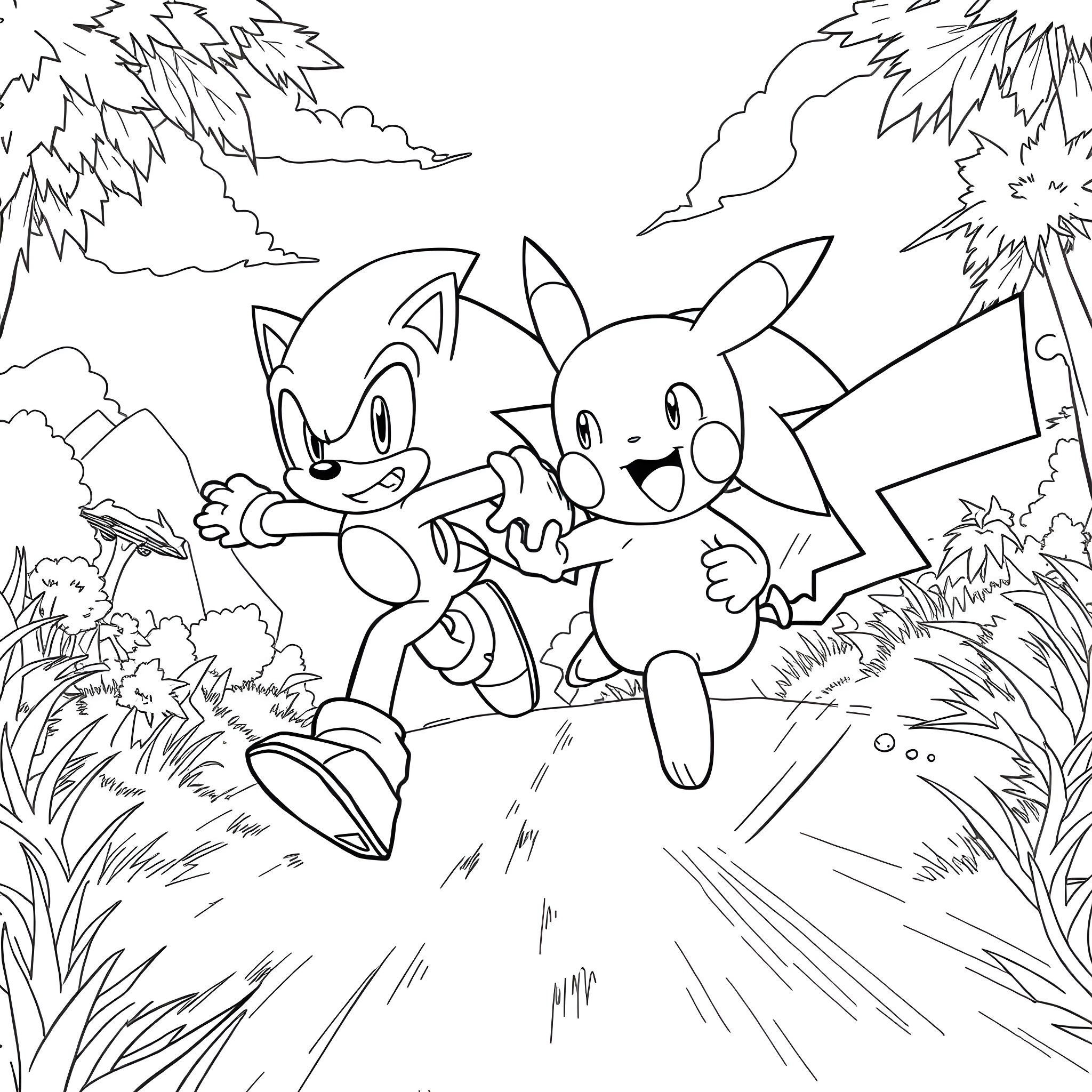 Sonic and Pikachu playing together in the forest Coloring Page (free black-and-white line drawing printable PDF for all, from beginners to advanced learners, including children, teens, adults, and seniors)