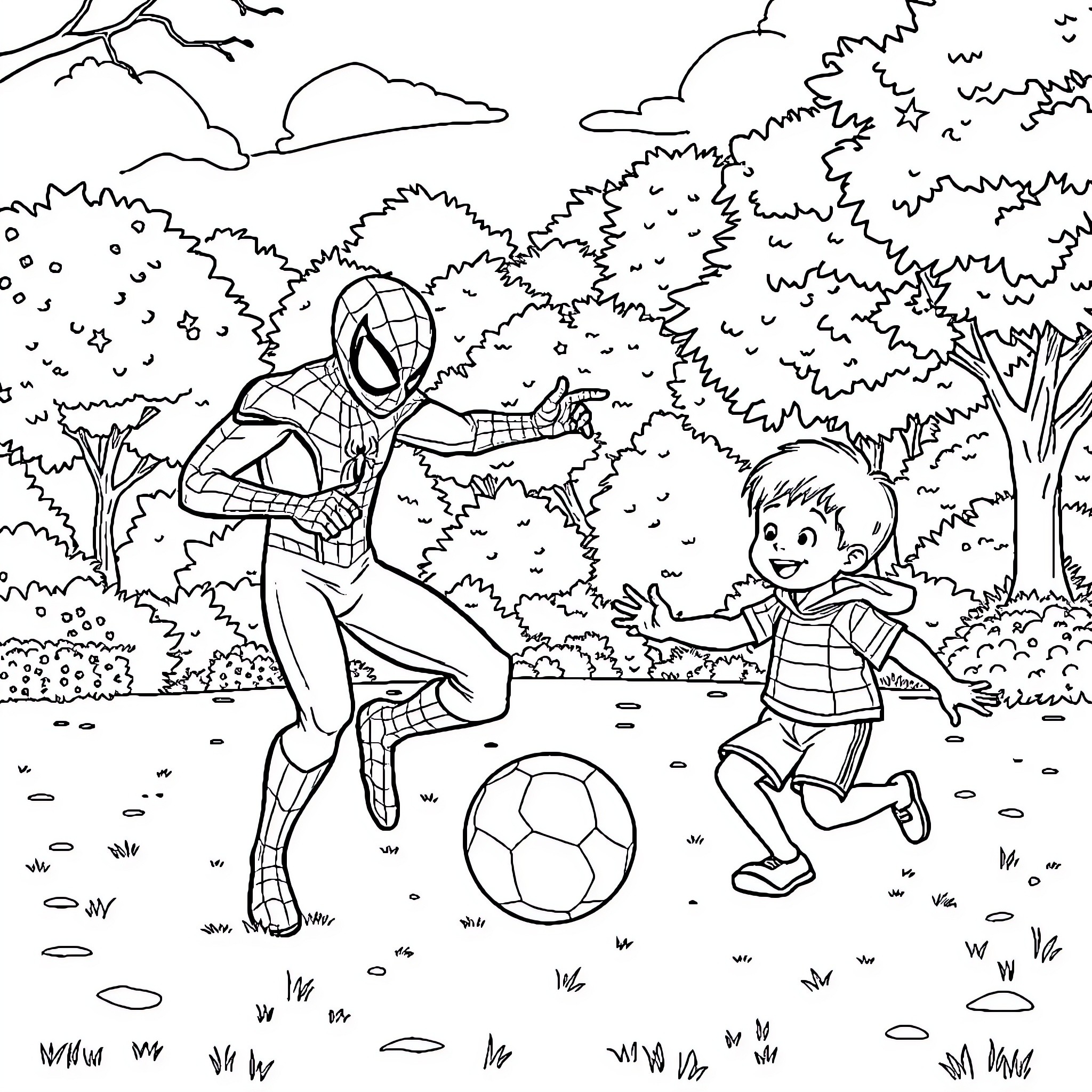 Spidey playing football with a kid in the park Coloring Page (free black-and-white line drawing printable PDF for all, from beginners to advanced learners, including children, teens, adults, and seniors)