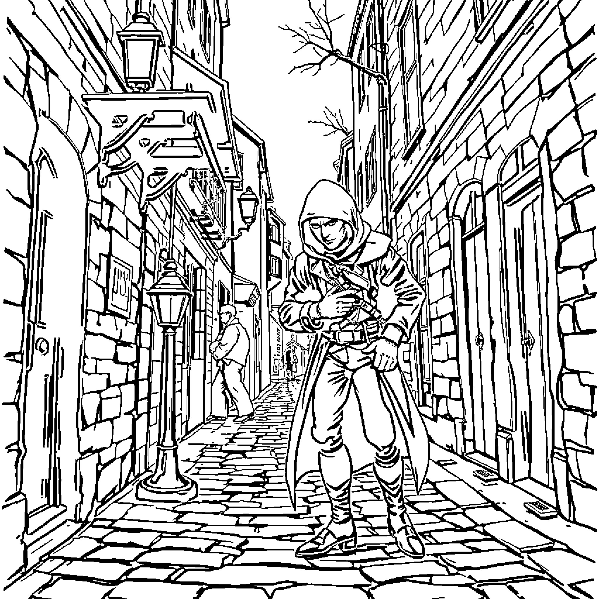 Garret exploring the mysterious alleyway Coloring Page (free black-and-white line drawing printable PDF for all, from beginners to advanced learners, including children, teens, adults, and seniors)