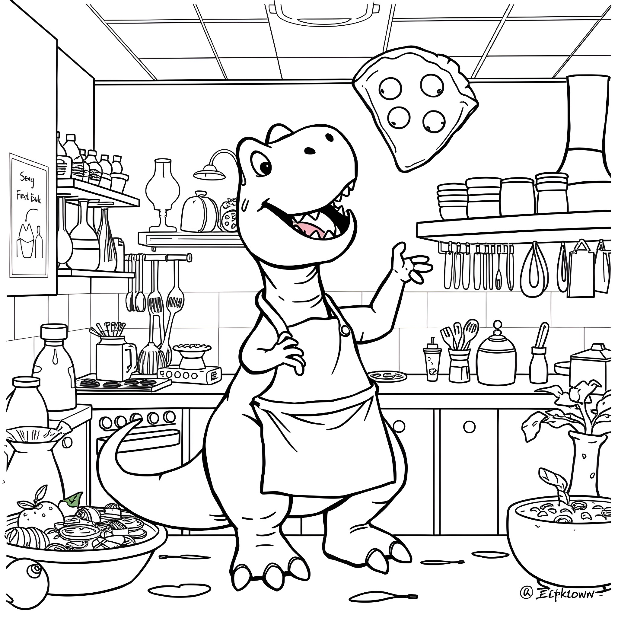 Dinosaur Chef Cooking Happily in the Kitchen Coloring Page (free black-and-white line drawing printable PDF for all, from beginners to advanced learners, including children, teens, adults, and seniors)