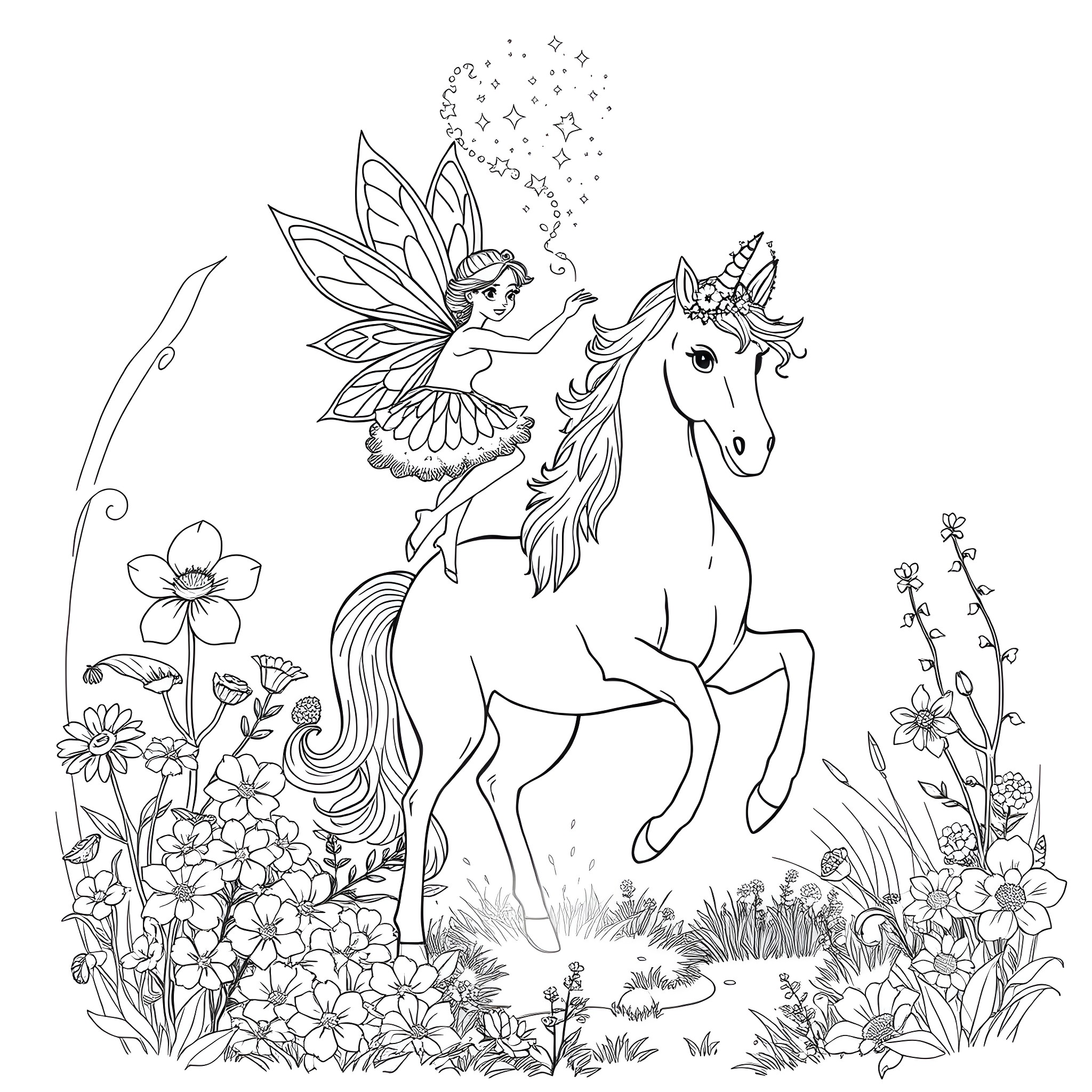 Fairy riding a magical unicorn in a floral garden Coloring Page (free black-and-white line drawing printable PDF for all, from beginners to advanced learners, including children, teens, adults, and seniors)