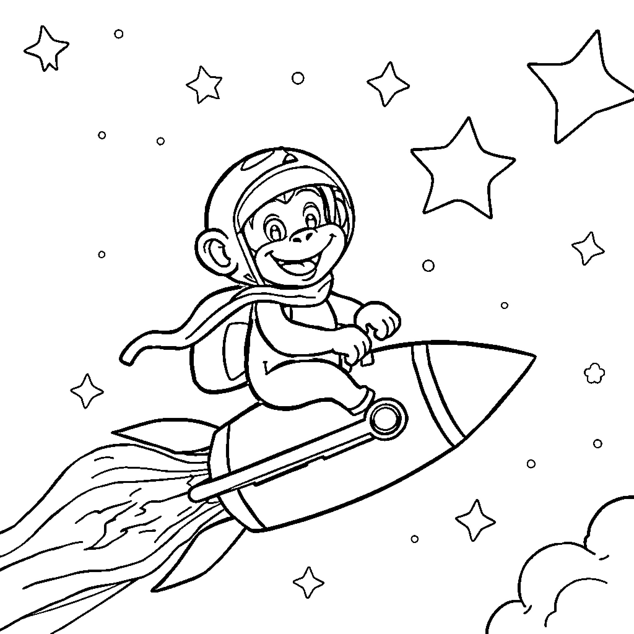 Monkey astronaut riding a rocket ship through stars Coloring Page (free black-and-white line drawing printable PDF for all, from beginners to advanced learners, including children, teens, adults, and seniors)