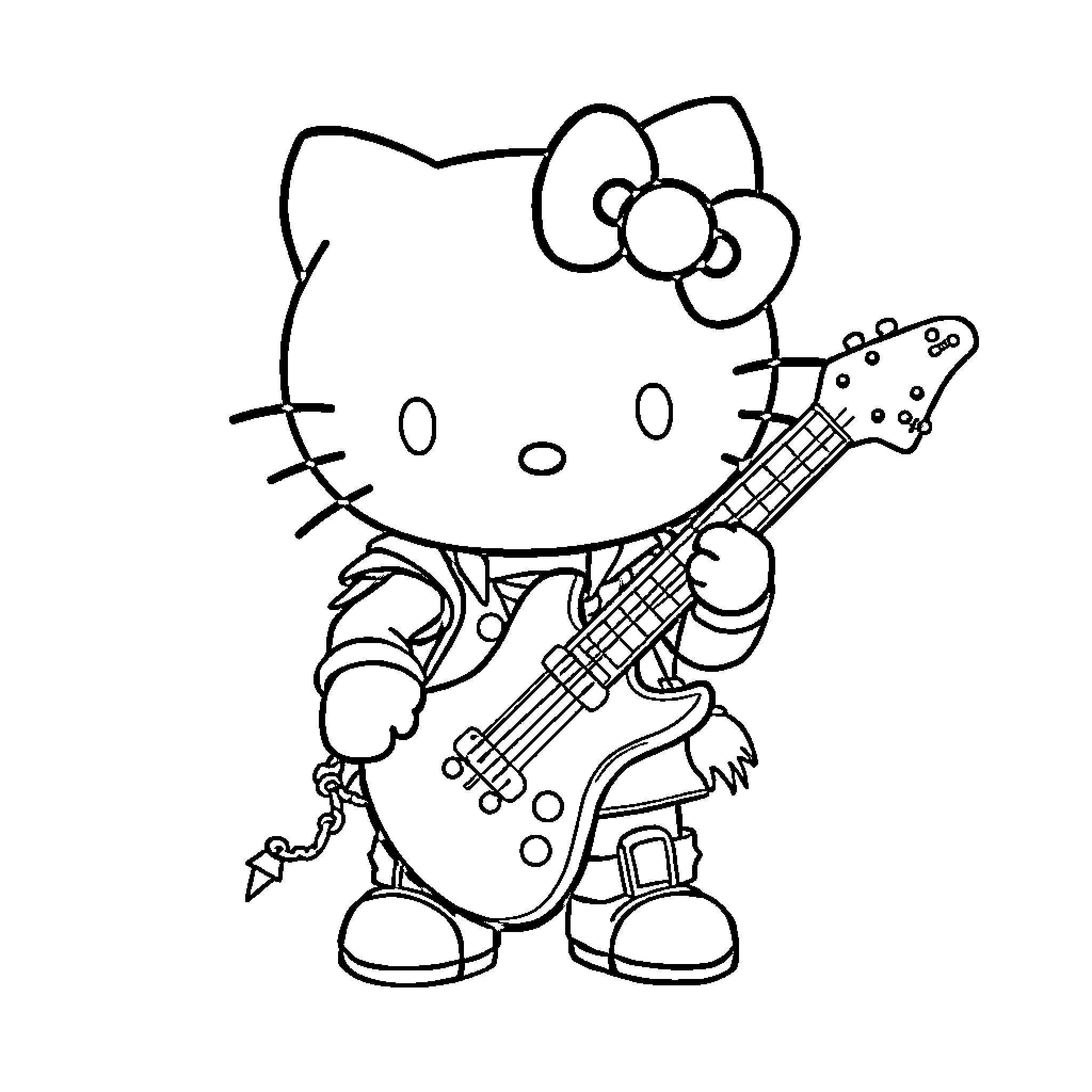 Hello Kitty playing electric guitar Coloring Page (free black-and-white line drawing printable PDF for all, from beginners to advanced learners, including children, teens, adults, and seniors)