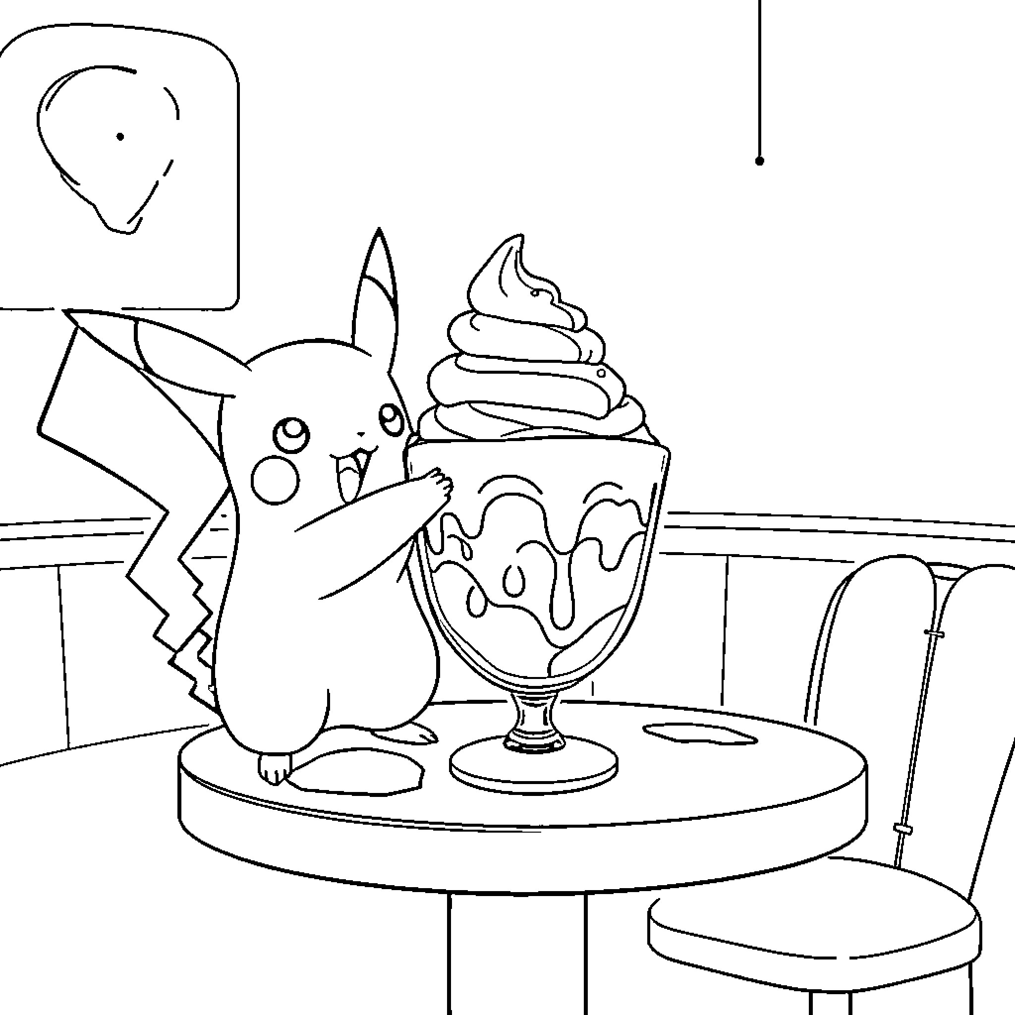 Pikachu enjoying an ice cream sundae Coloring Page (free black-and-white line drawing printable PDF for all, from beginners to advanced learners, including children, teens, adults, and seniors)