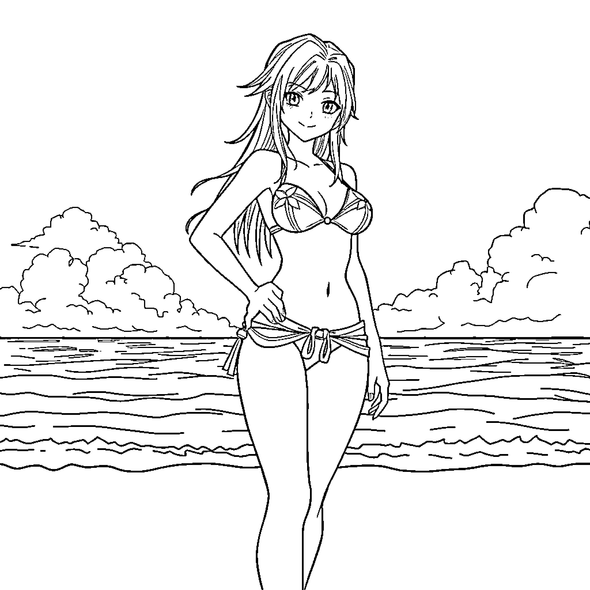 Yuna enjoying a day at the beach Coloring Page (free black-and-white line drawing printable PDF for all, from beginners to advanced learners, including children, teens, adults, and seniors)