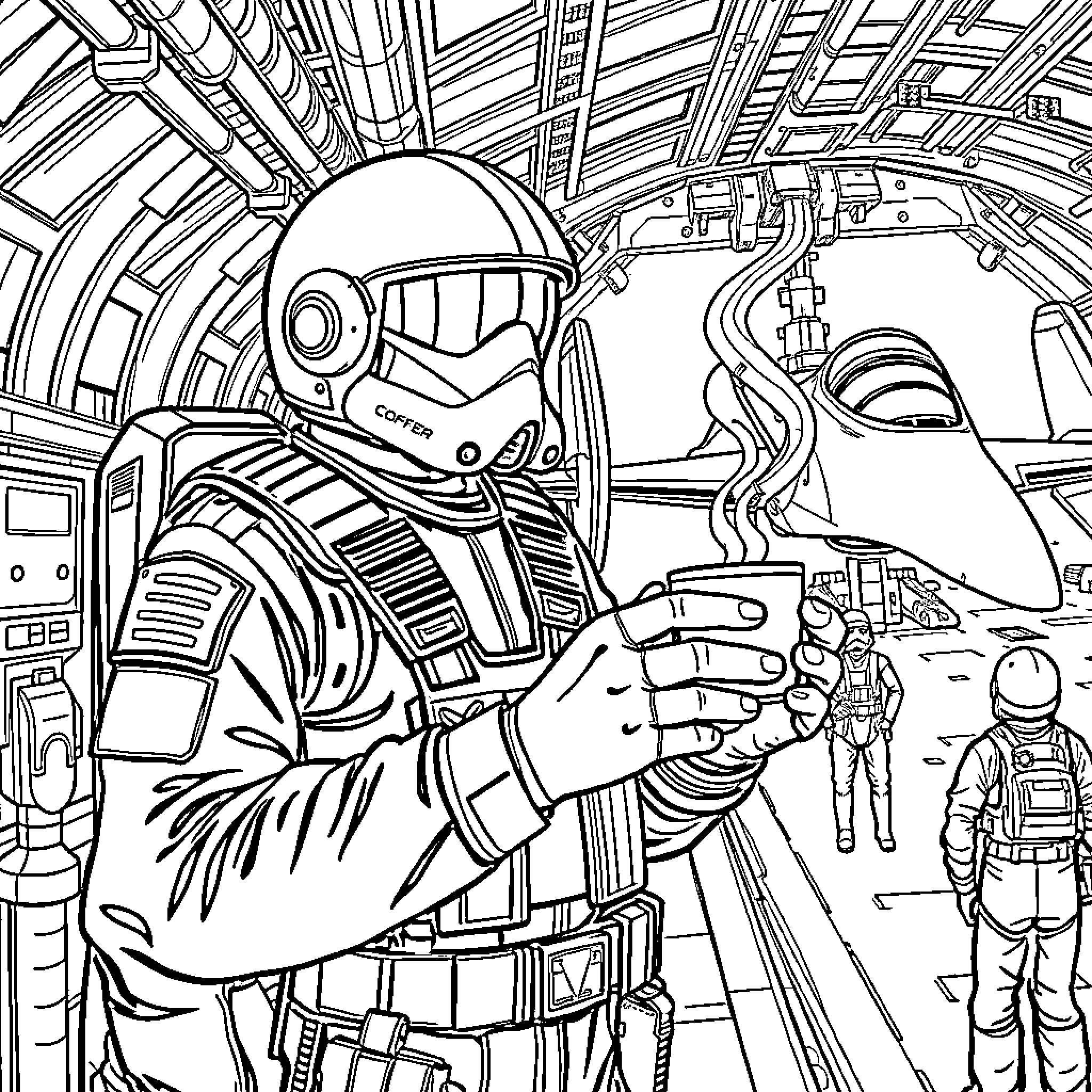 Pilot navigating futuristic spacecraft Coloring Page (free black-and-white line drawing printable PDF for all, from beginners to advanced learners, including children, teens, adults, and seniors)