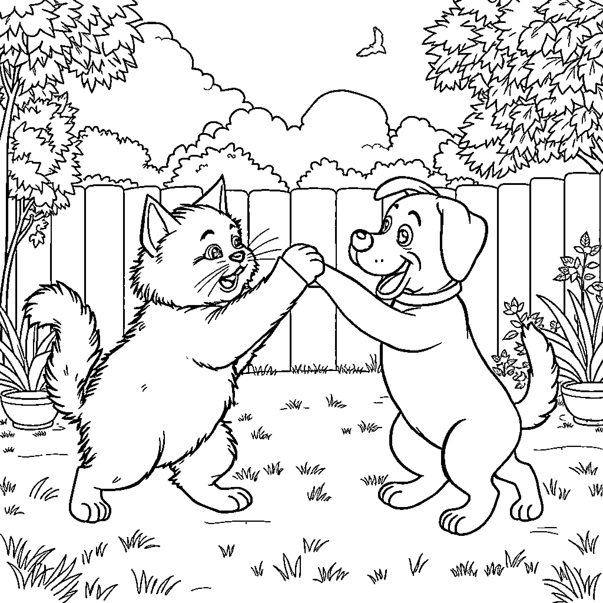 Cat and Dog Playing Happily Together Coloring Page (free black-and-white line drawing printable PDF for all, from beginners to advanced learners, including children, teens, adults, and seniors)