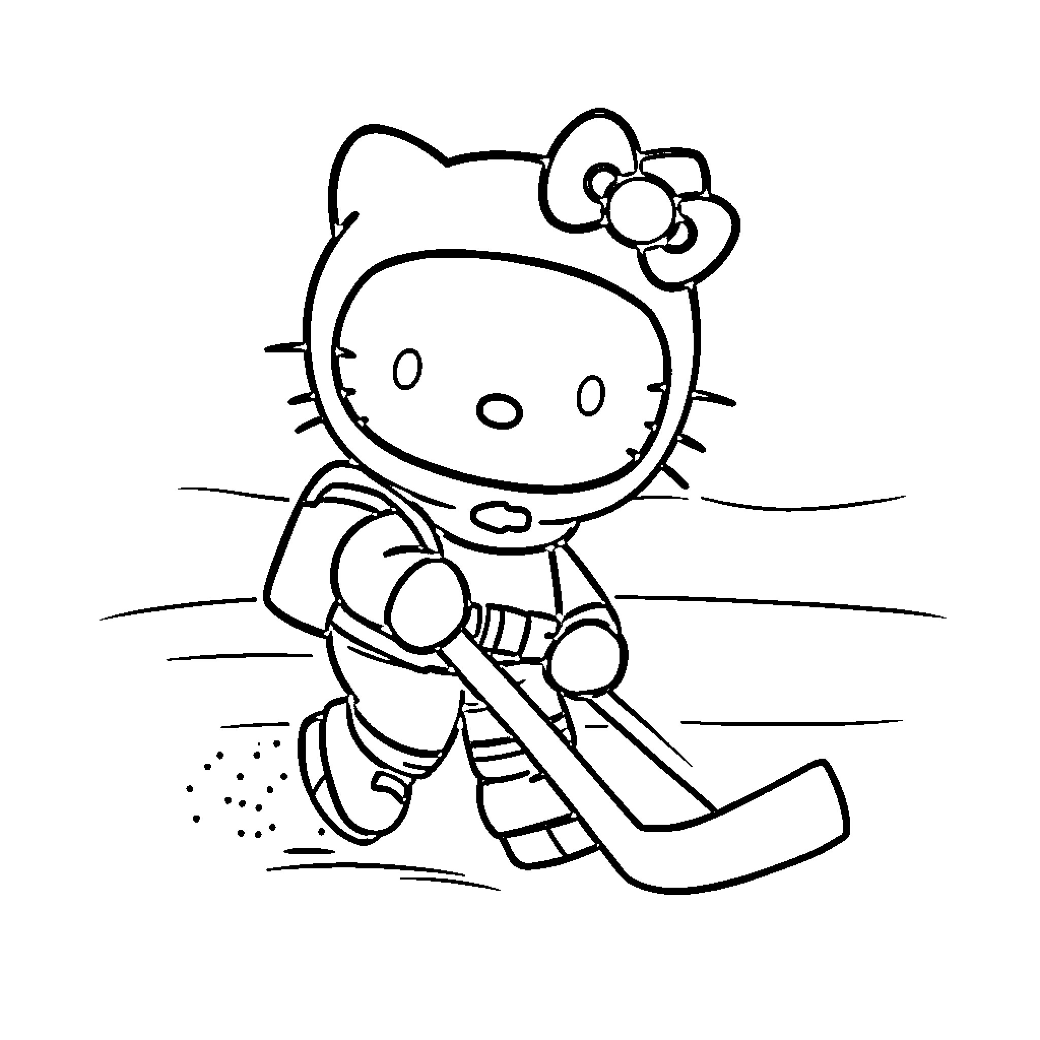 Hello Kitty playing with winter sports equipment Coloring Page (free black-and-white line drawing printable PDF for all, from beginners to advanced learners, including children, teens, adults, and seniors)
