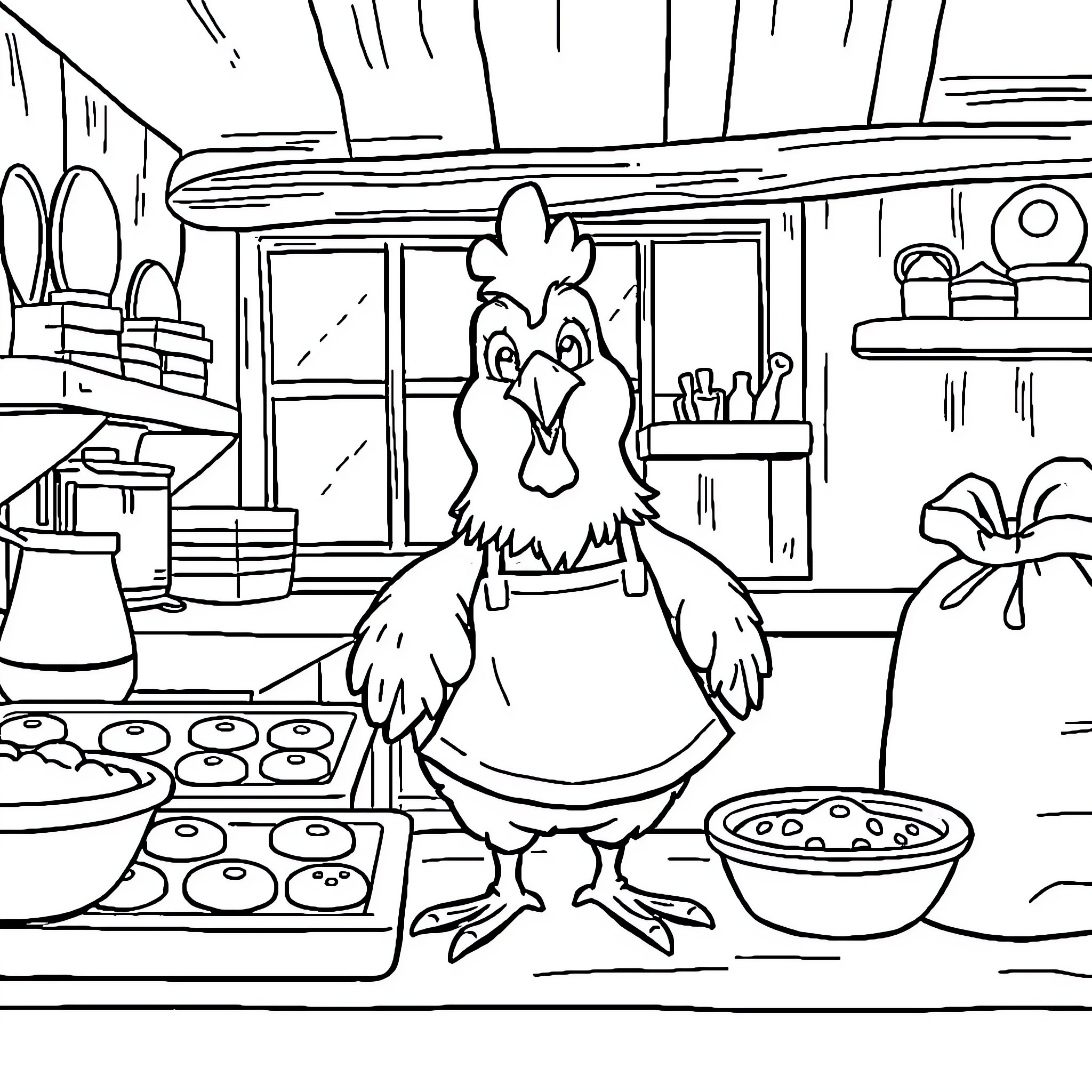 Chicken baking delicious treats in the kitchen Coloring Page (free black-and-white line drawing printable PDF for all, from beginners to advanced learners, including children, teens, adults, and seniors)