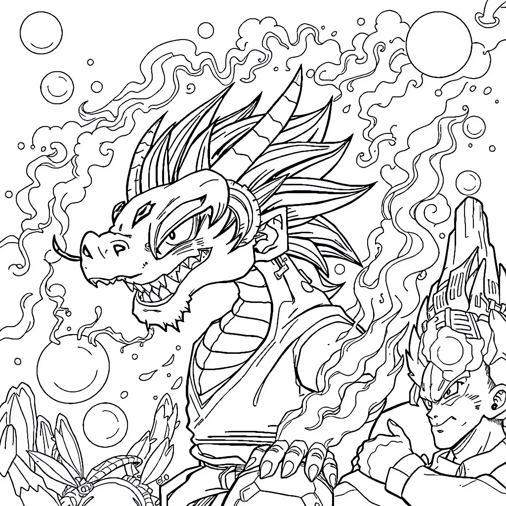 Dragon Ball: Fierce Dragon Unleashes Powerful Flames Coloring Page (free black-and-white line drawing printable PDF for all, from beginners to advanced learners, including children, teens, adults, and seniors)