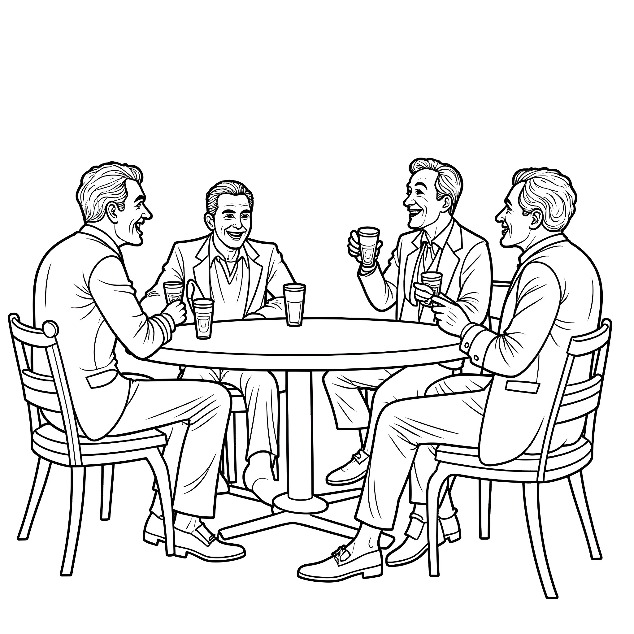 Joker sharing a drink with friends at a round table Coloring Page (free black-and-white line drawing printable PDF for all, from beginners to advanced learners, including children, teens, adults, and seniors)