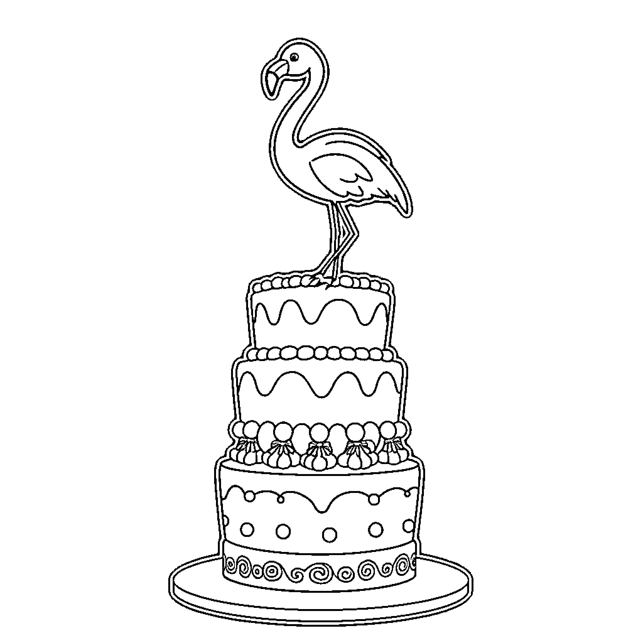 Cake with Flamingo Decoration Coloring Page (free black-and-white line drawing printable PDF for all, from beginners to advanced learners, including children, teens, adults, and seniors)