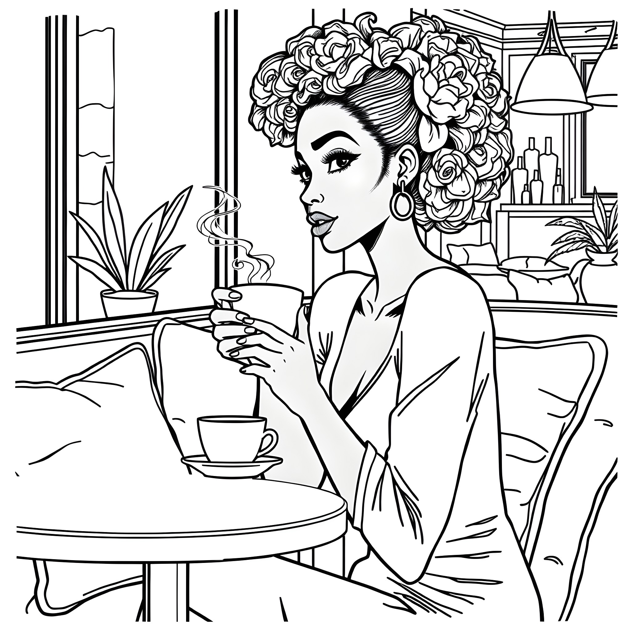 Woman enjoying coffee in a cozy cafe Coloring Page (free black-and-white line drawing printable PDF for all, from beginners to advanced learners, including children, teens, adults, and seniors)