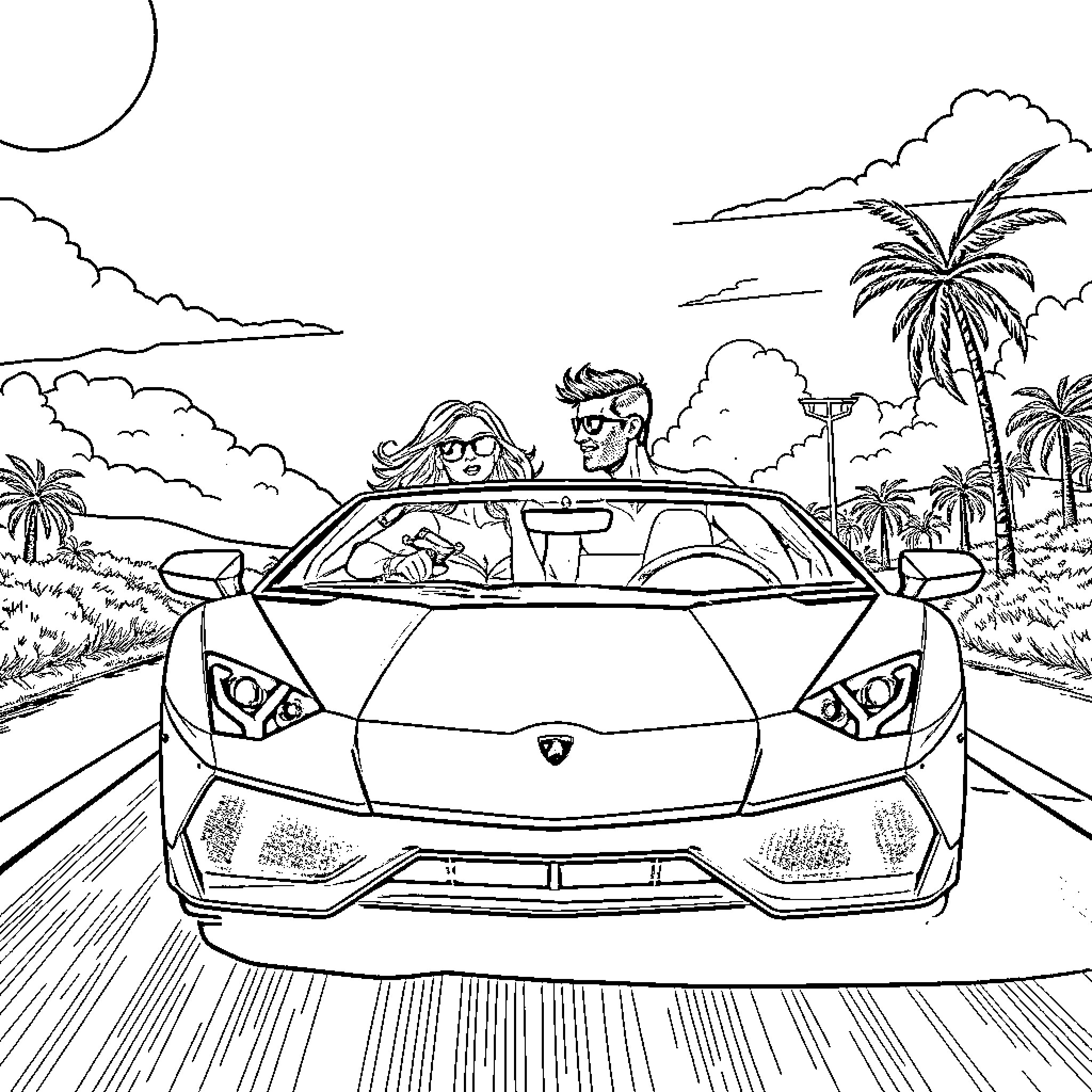 Adam and Eve riding a sports car on a tropical road Coloring Page (free black-and-white line drawing printable PDF for all, from beginners to advanced learners, including children, teens, adults, and seniors)