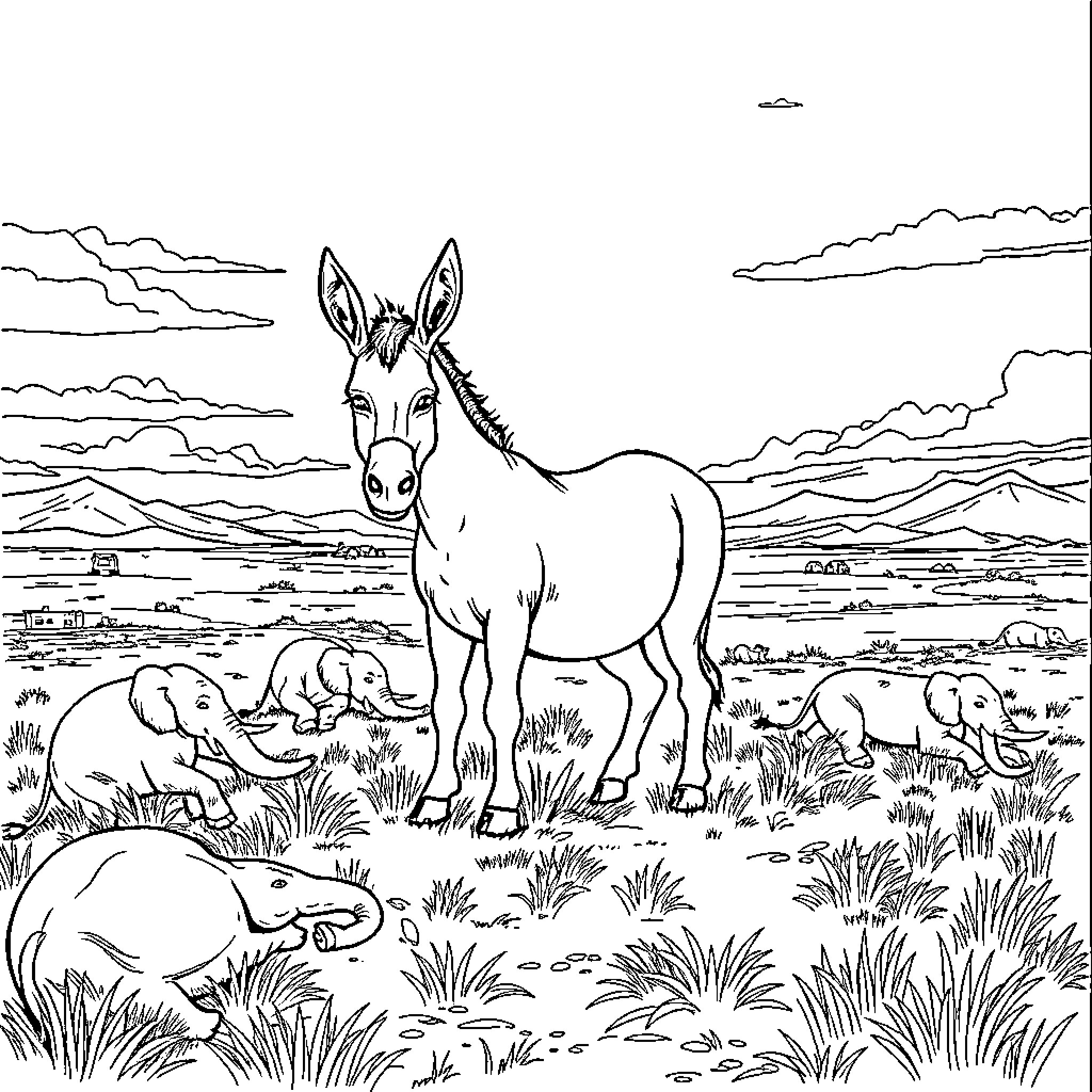 Donkey observing elephant herd in natural habitat Coloring Page (free black-and-white line drawing printable PDF for all, from beginners to advanced learners, including children, teens, adults, and seniors)