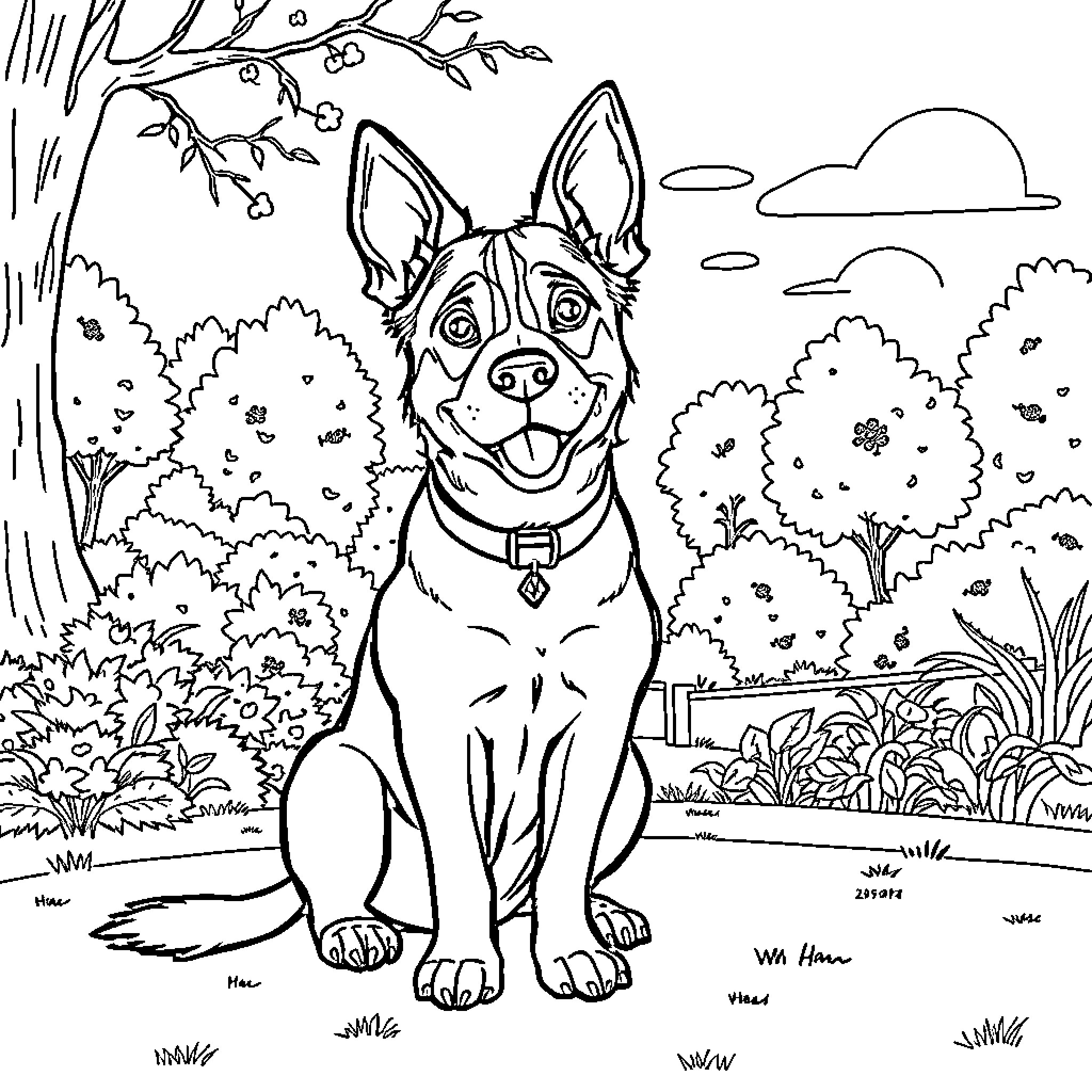 Dog enjoying nature in a scenic outdoor setting Coloring Page (free black-and-white line drawing printable PDF for all, from beginners to advanced learners, including children, teens, adults, and seniors)