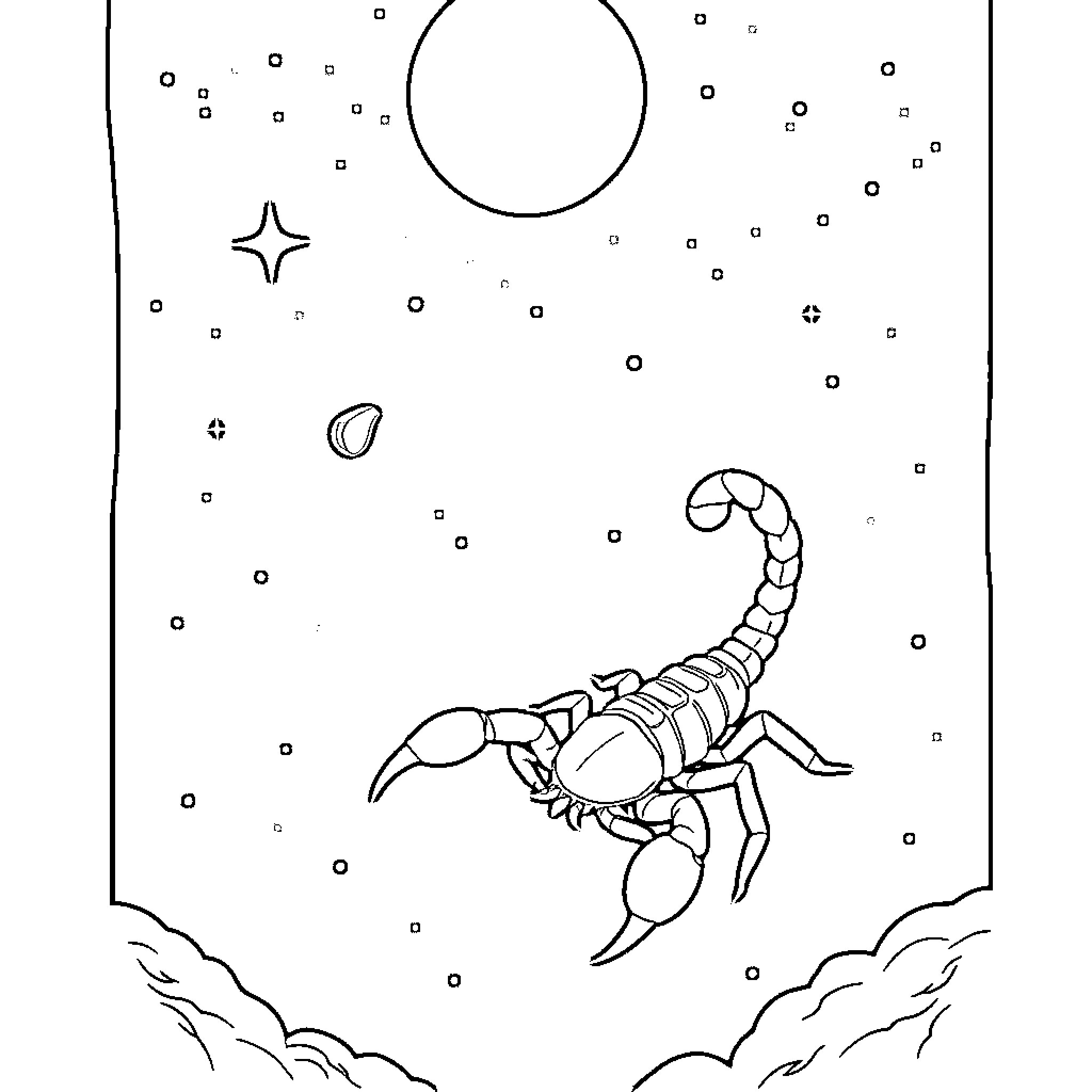 Scorpion in the starry night sky Coloring Page (free black-and-white line drawing printable PDF for all, from beginners to advanced learners, including children, teens, adults, and seniors)