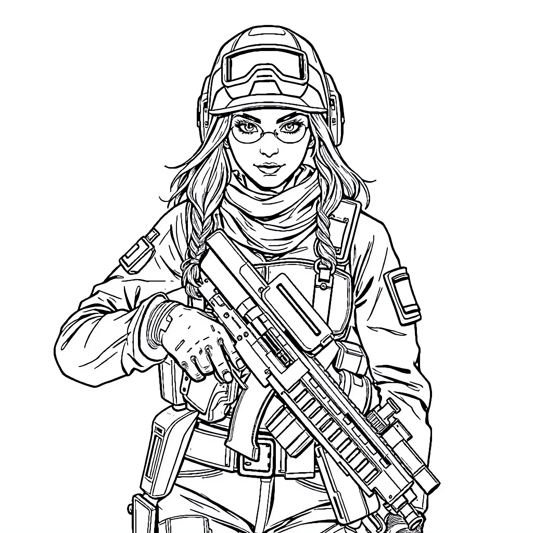 Doll Warrior in Tactical Gear Coloring Page (free black-and-white line drawing printable PDF for all, from beginners to advanced learners, including children, teens, adults, and seniors)