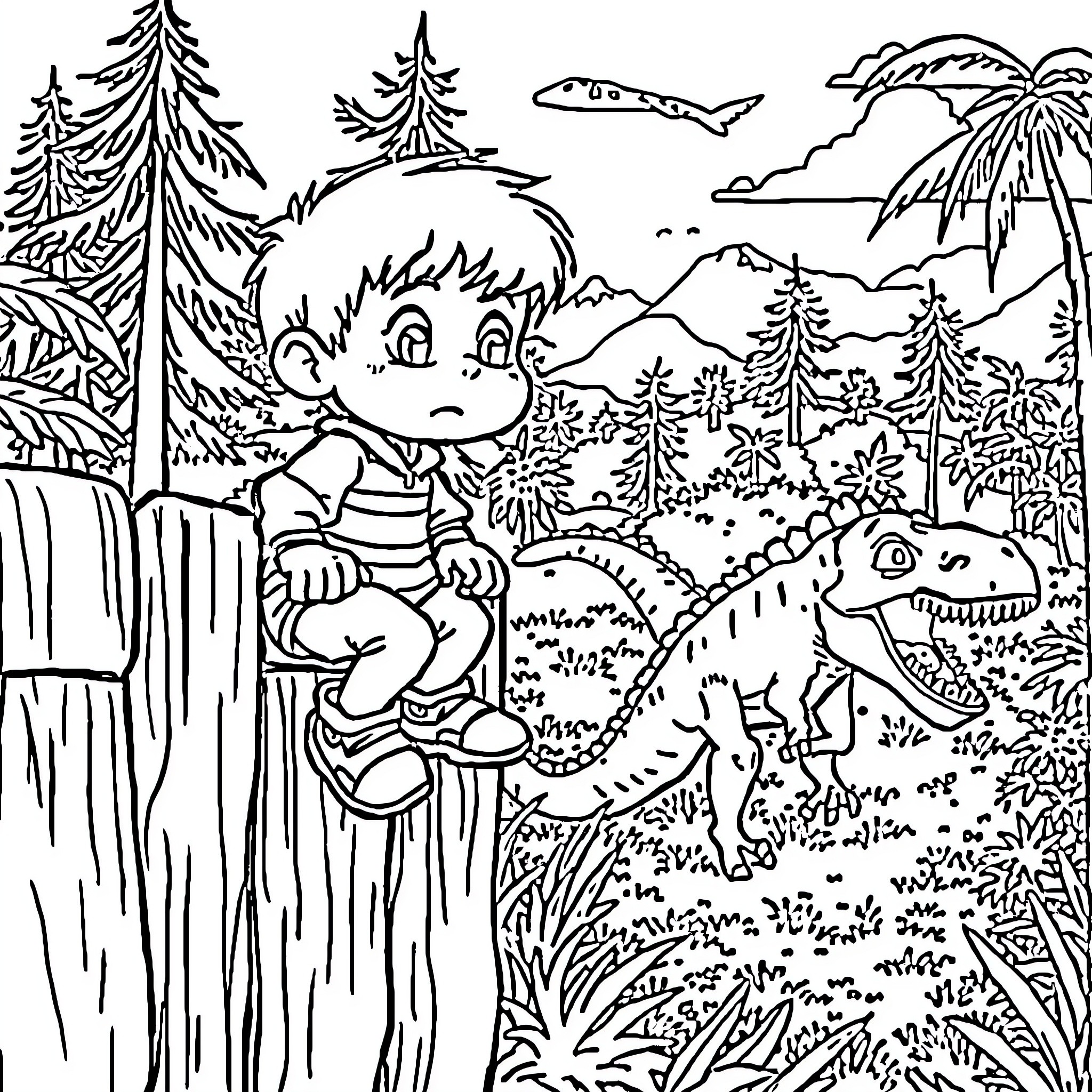 Timmy's Adventure in the Enchanted Forest Coloring Page (free black-and-white line drawing printable PDF for all, from beginners to advanced learners, including children, teens, adults, and seniors)