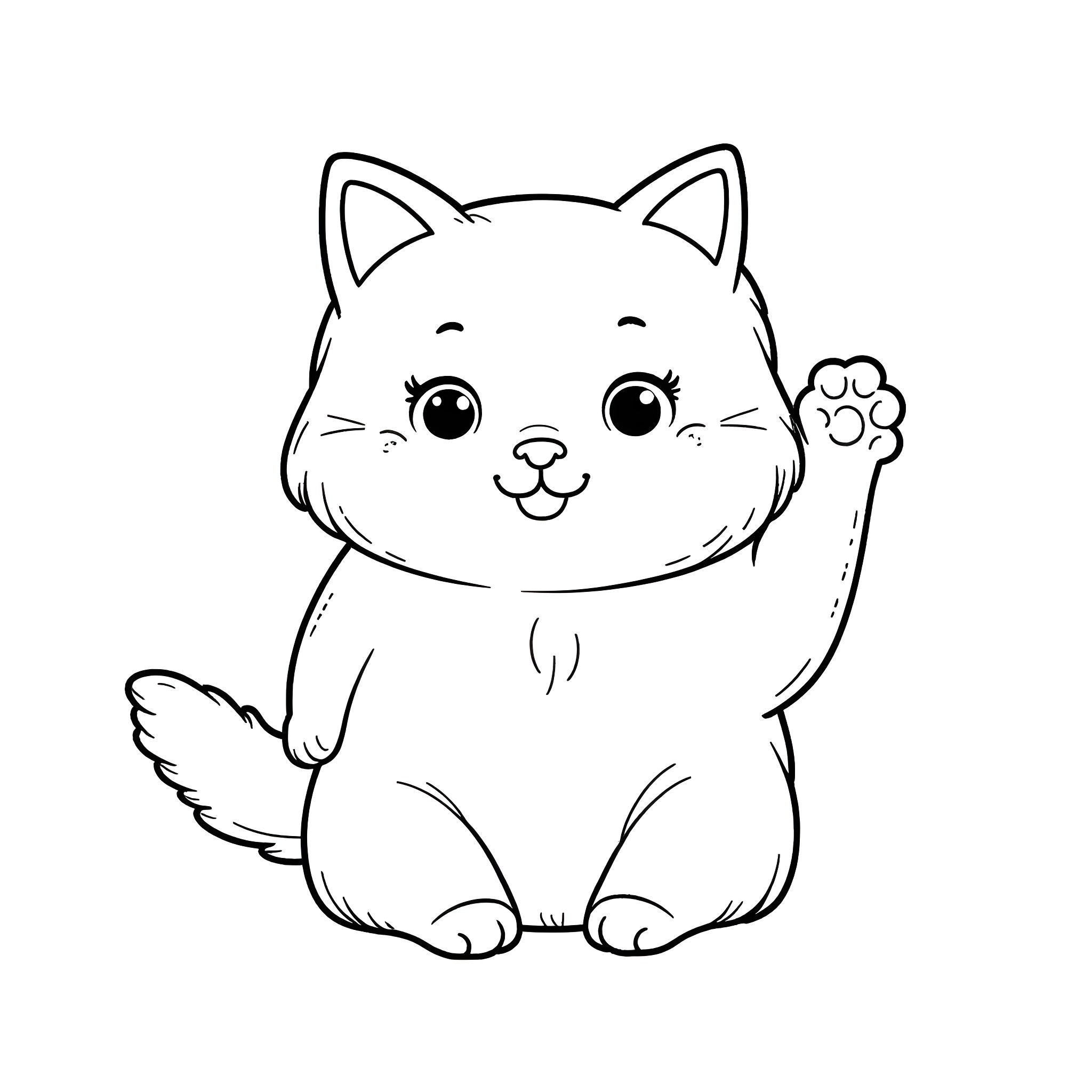 Kitty waving its paw Coloring Page (free black-and-white line drawing printable PDF for all, from beginners to advanced learners, including children, teens, adults, and seniors)