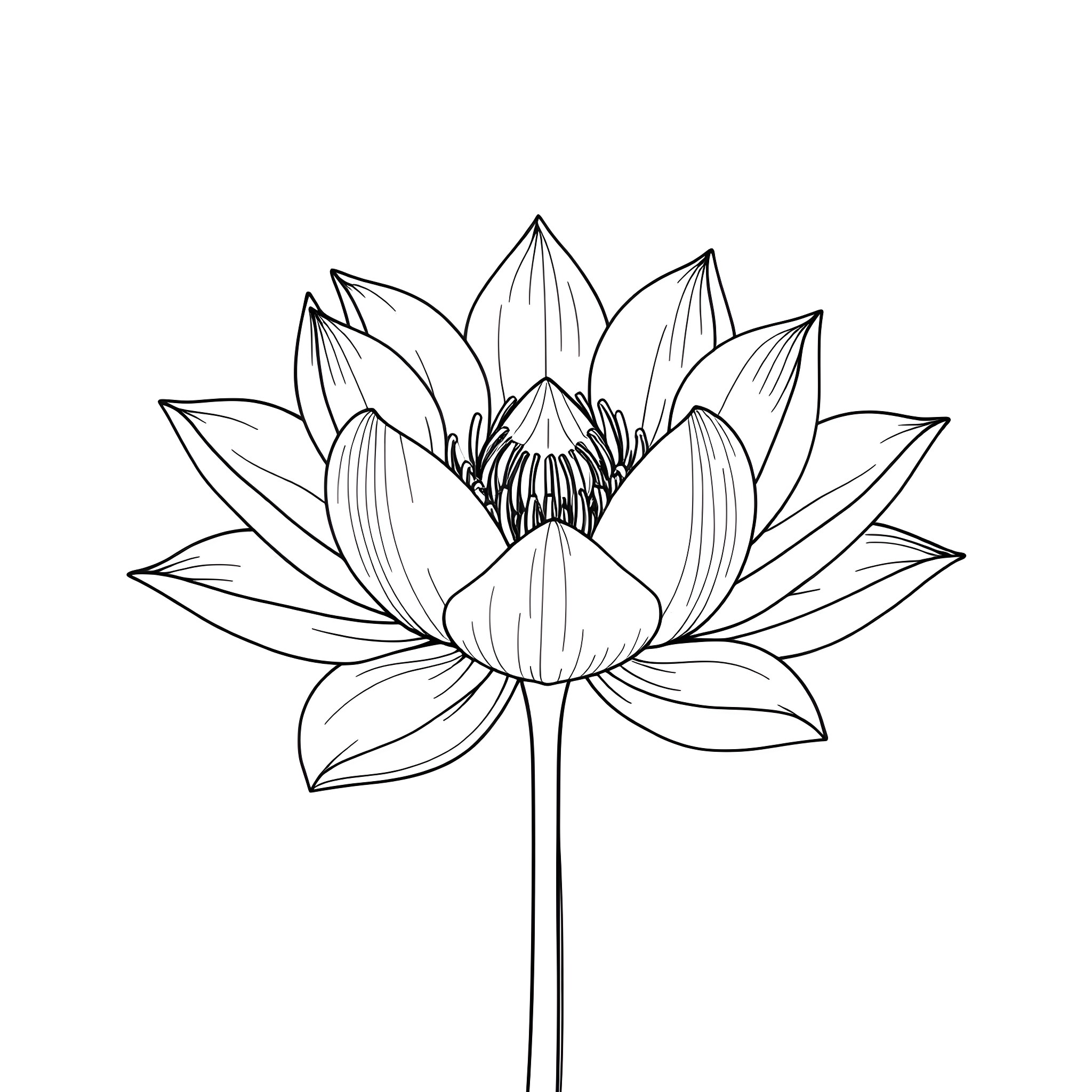 Lotus flower in full bloom Coloring Page (free black-and-white line drawing printable PDF for all, from beginners to advanced learners, including children, teens, adults, and seniors)