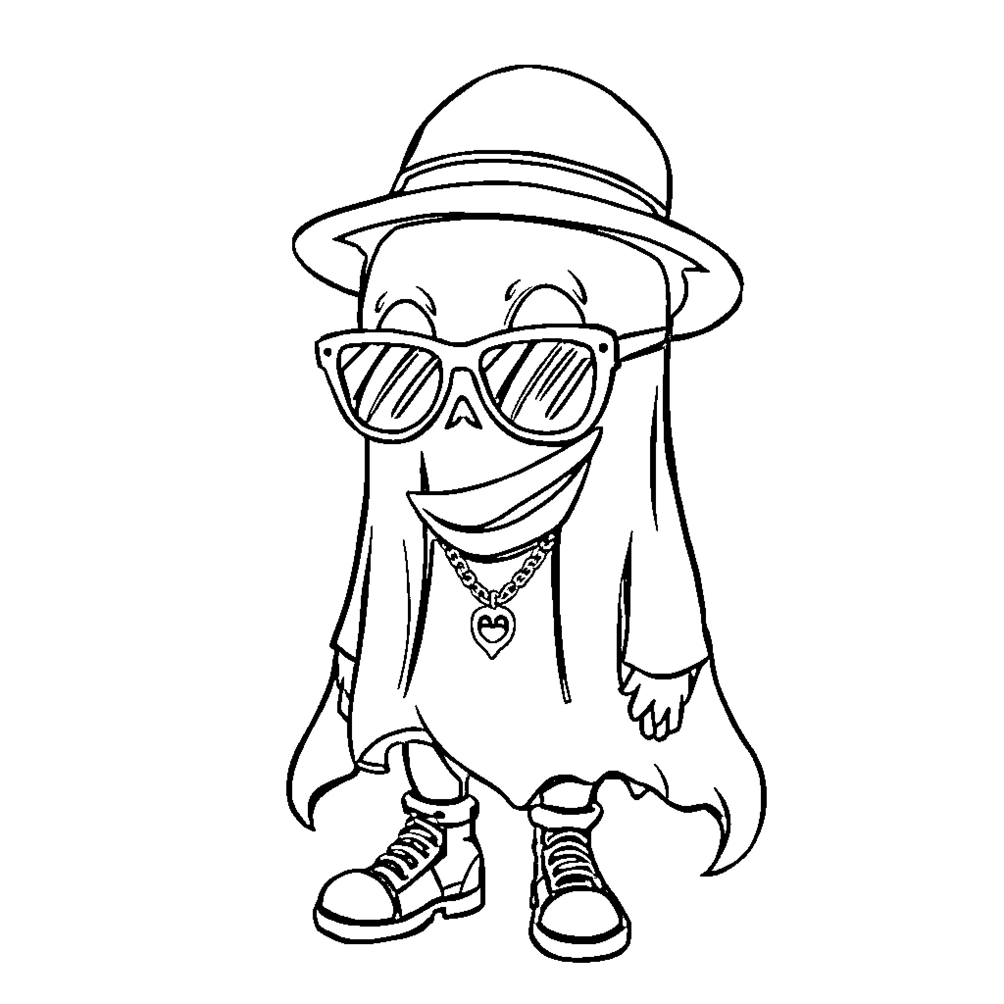 Ghost in stylish outfit with sunglasses Coloring Page (free black-and-white line drawing printable PDF for all, from beginners to advanced learners, including children, teens, adults, and seniors)