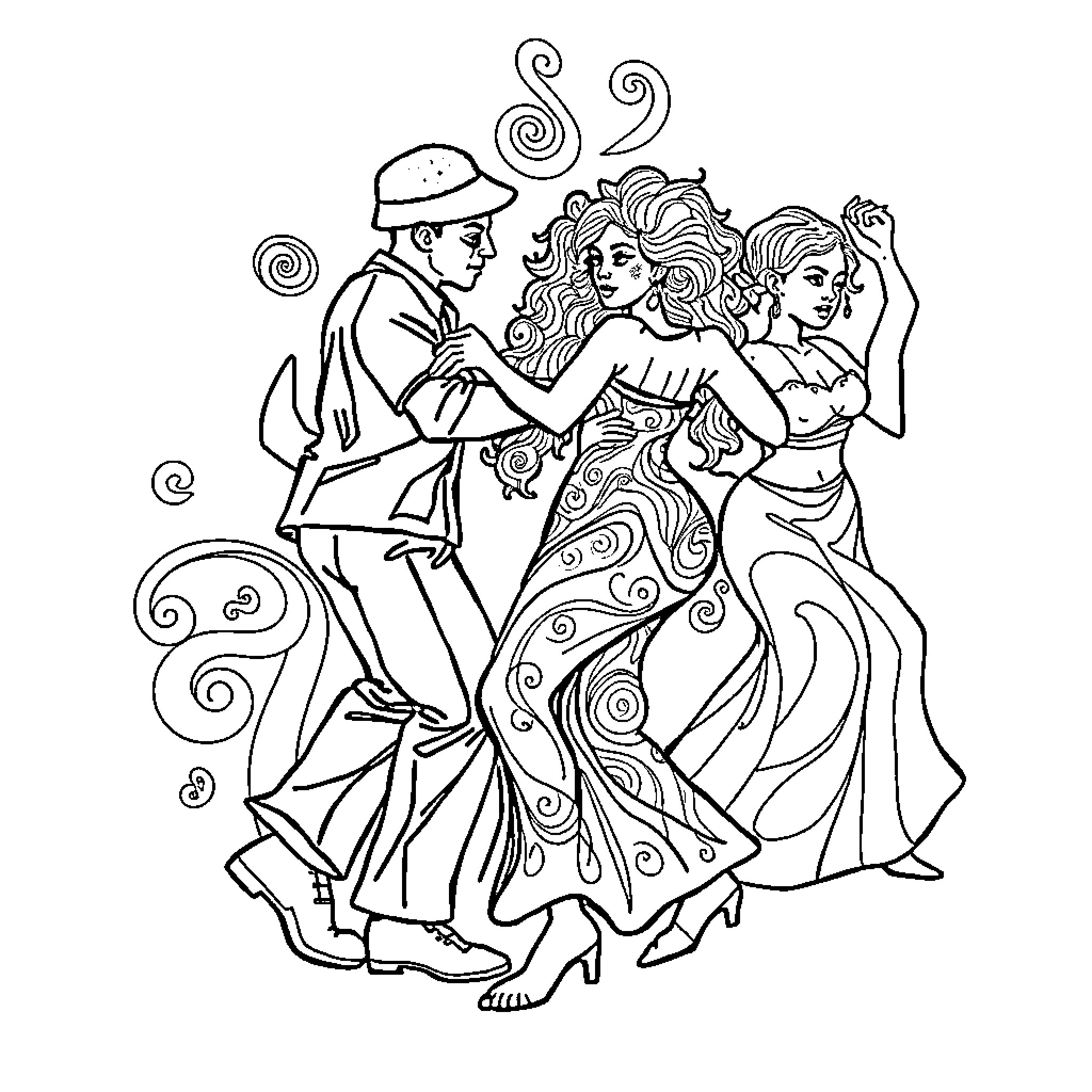 Mambo dance performance with energetic expressions Coloring Page (free black-and-white line drawing printable PDF for all, from beginners to advanced learners, including children, teens, adults, and seniors)