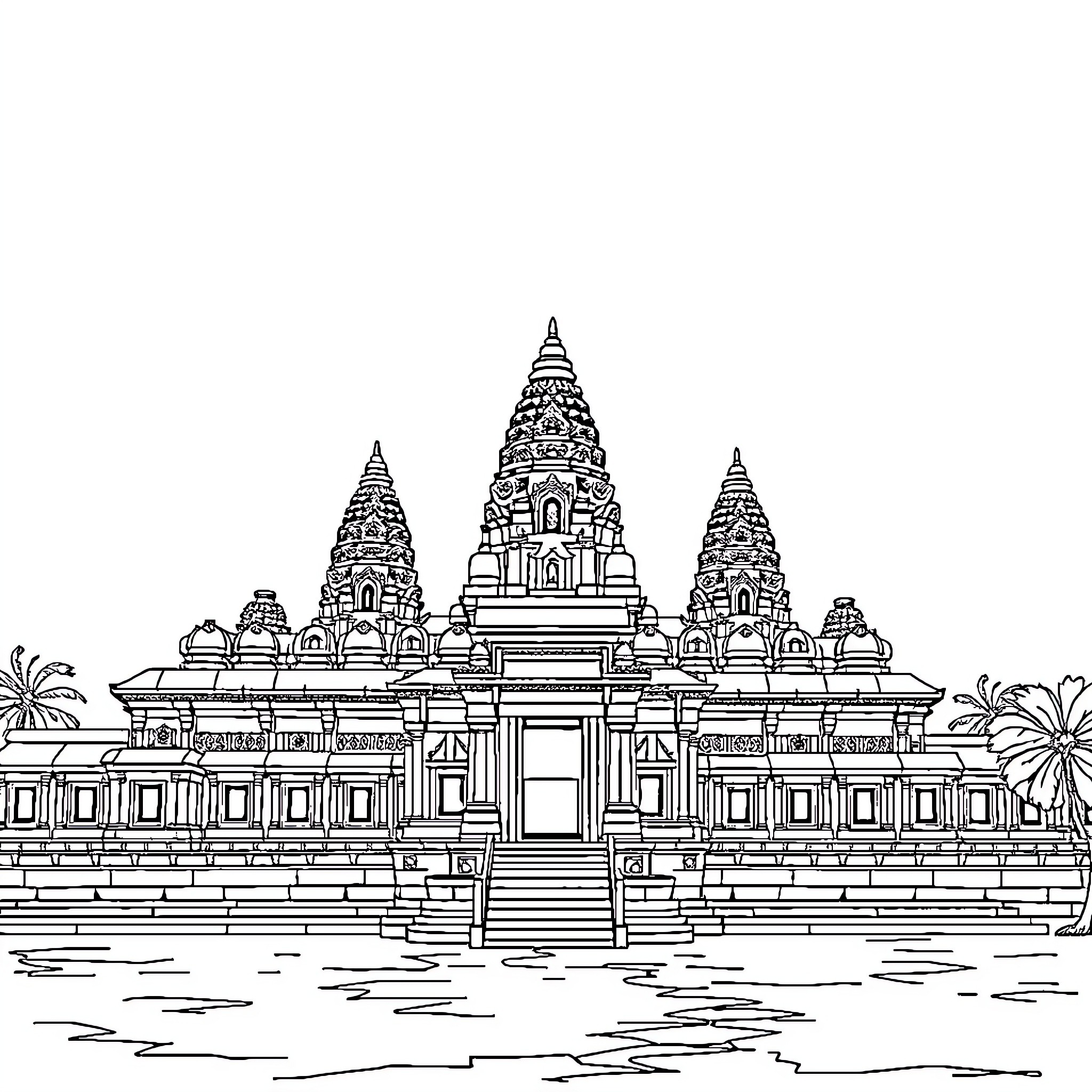 Ankor Wat temple complex architectural details Coloring Page (free black-and-white line drawing printable PDF for all, from beginners to advanced learners, including children, teens, adults, and seniors)