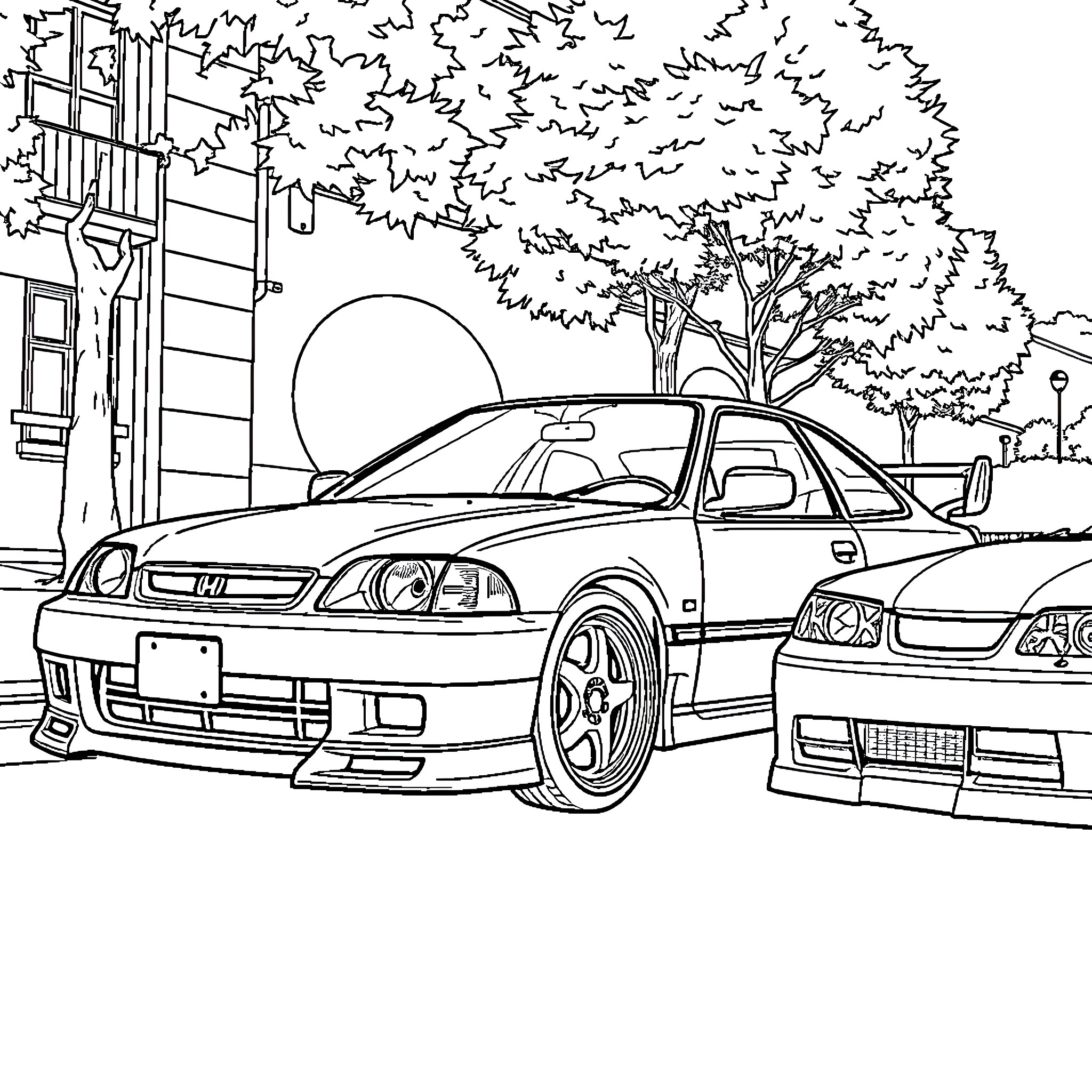 Honda sports car on a city street Coloring Page (free black-and-white line drawing printable PDF for all, from beginners to advanced learners, including children, teens, adults, and seniors)