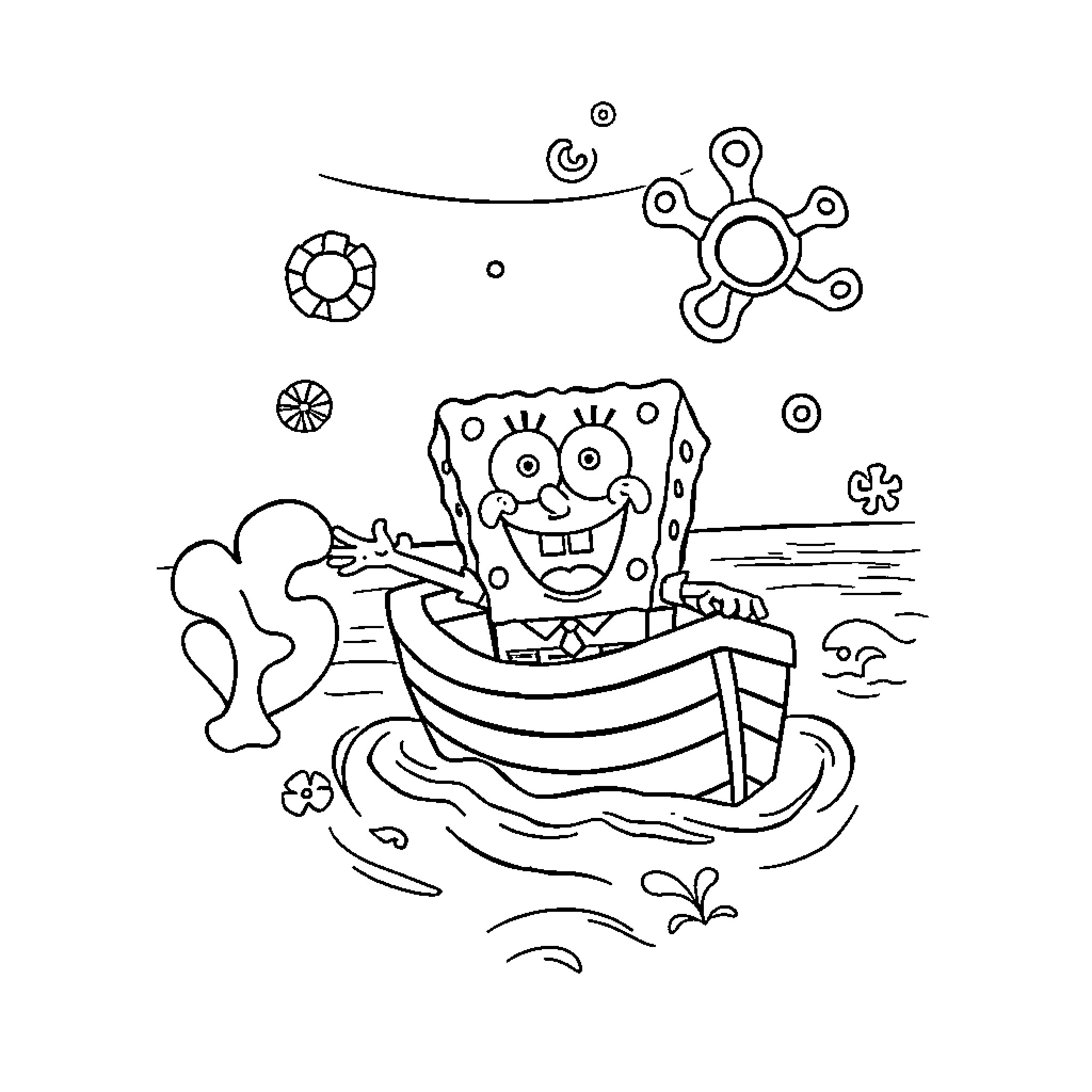 Spongebob enjoying a boat ride in the ocean Coloring Page (free black-and-white line drawing printable PDF for all, from beginners to advanced learners, including children, teens, adults, and seniors)
