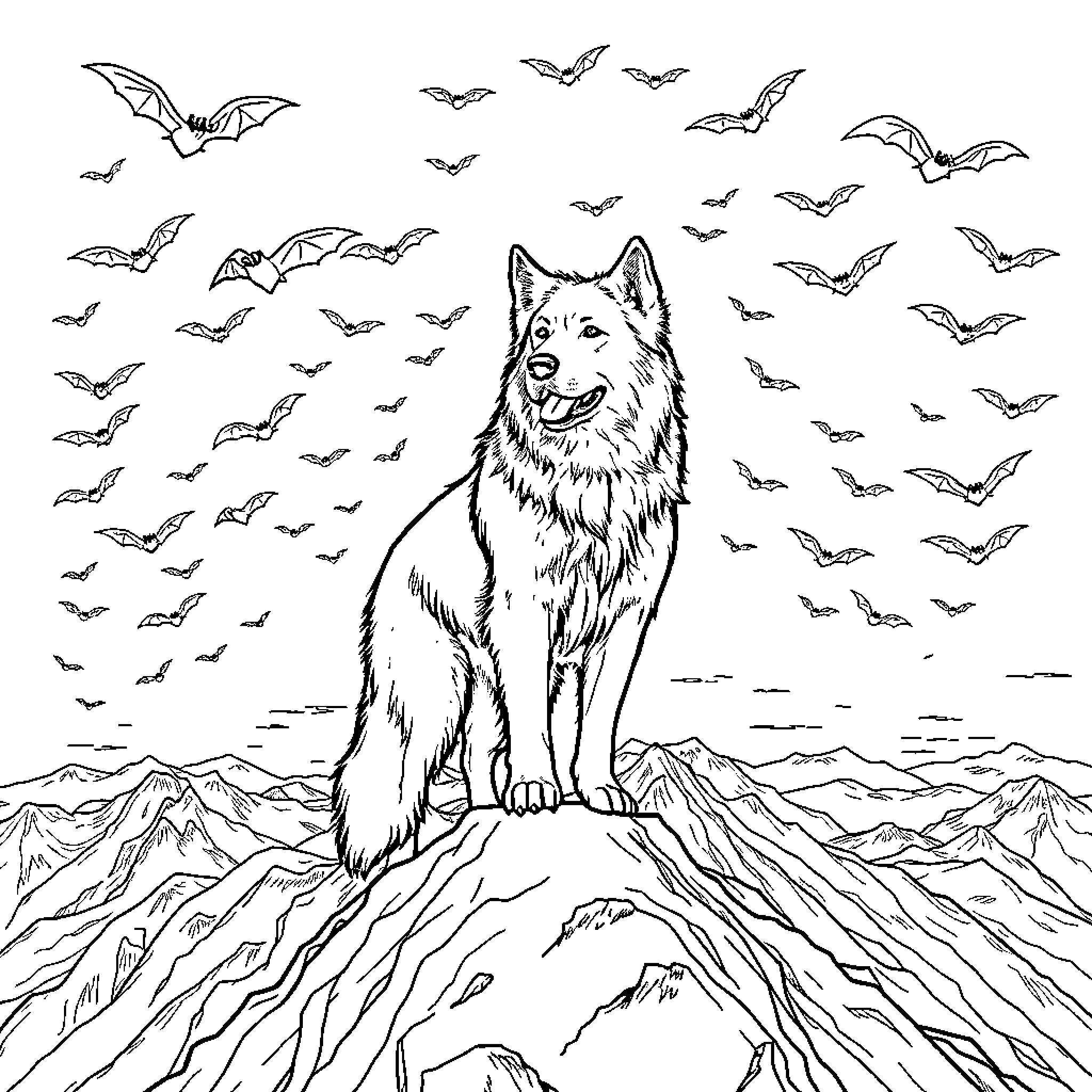 Great Pyrenees Guarding the Mountainous Landscape Coloring Page (free black-and-white line drawing printable PDF for all, from beginners to advanced learners, including children, teens, adults, and seniors)