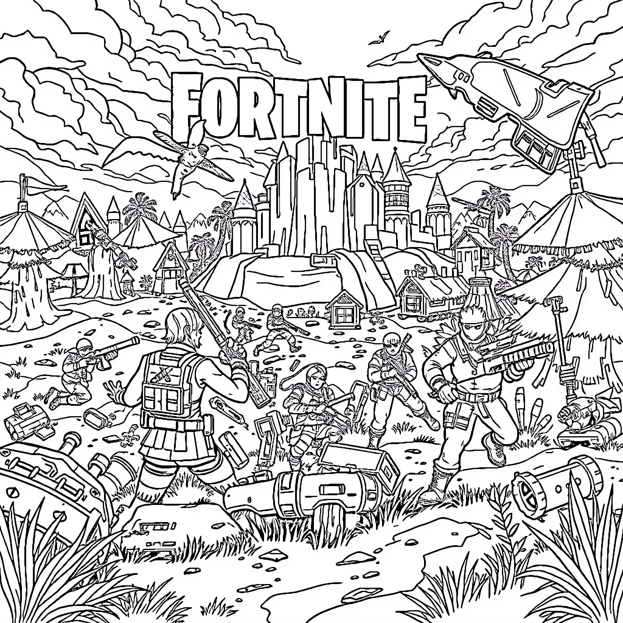 Fortnite Chaotic Battle Royale Scene Coloring Page (free black-and-white line drawing printable PDF for all, from beginners to advanced learners, including children, teens, adults, and seniors)