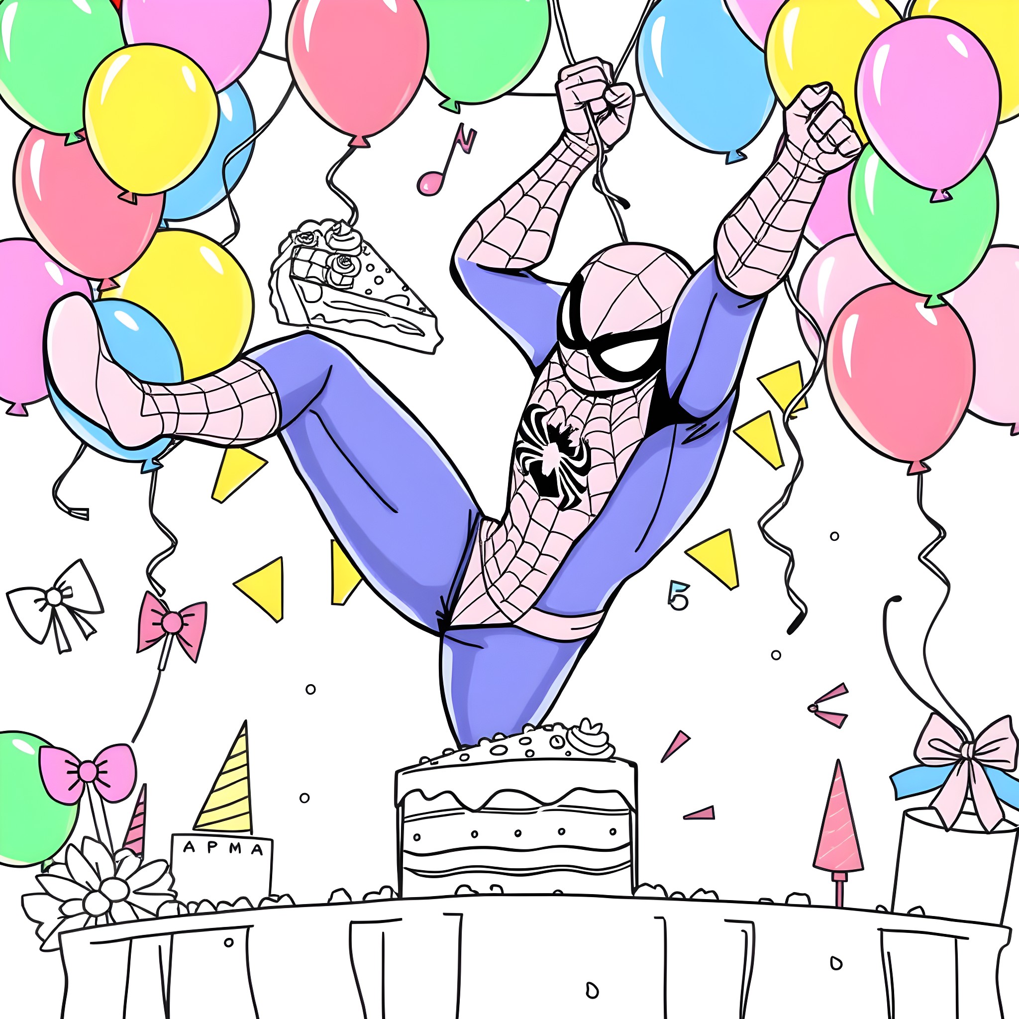 Spiderman celebrating a joyous occasion with balloons Coloring Page (free black-and-white line drawing printable PDF for all, from beginners to advanced learners, including children, teens, adults, and seniors)