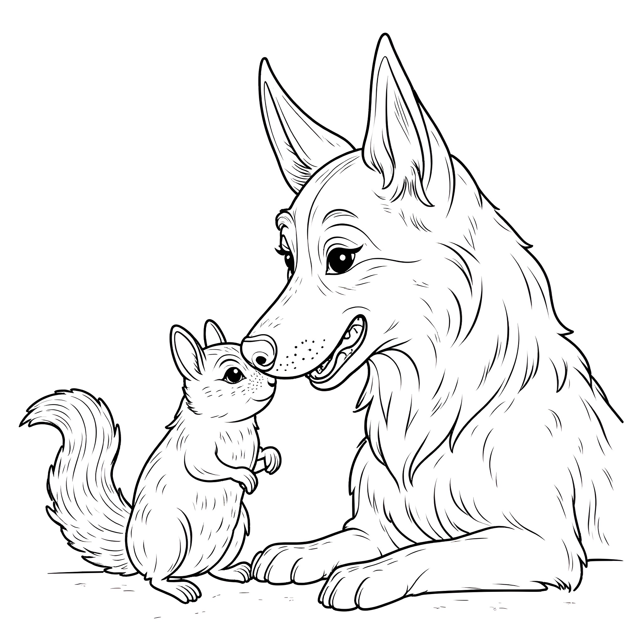 Dutch Shepard and curious squirrel in the forest Coloring Page (free black-and-white line drawing printable PDF for all, from beginners to advanced learners, including children, teens, adults, and seniors)