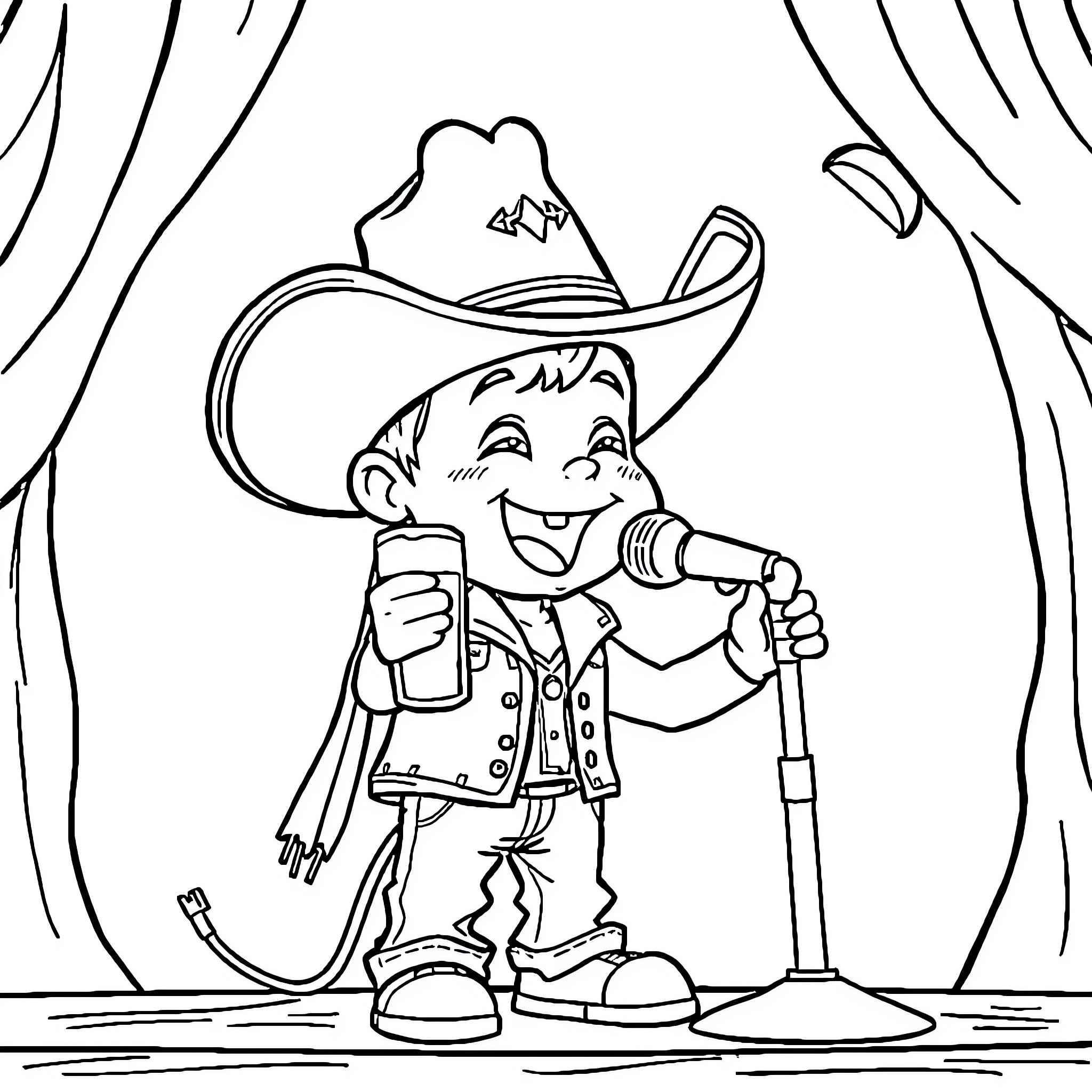 Person wearing cowboy hat performing on stage Coloring Page (free black-and-white line drawing printable PDF for all, from beginners to advanced learners, including children, teens, adults, and seniors)