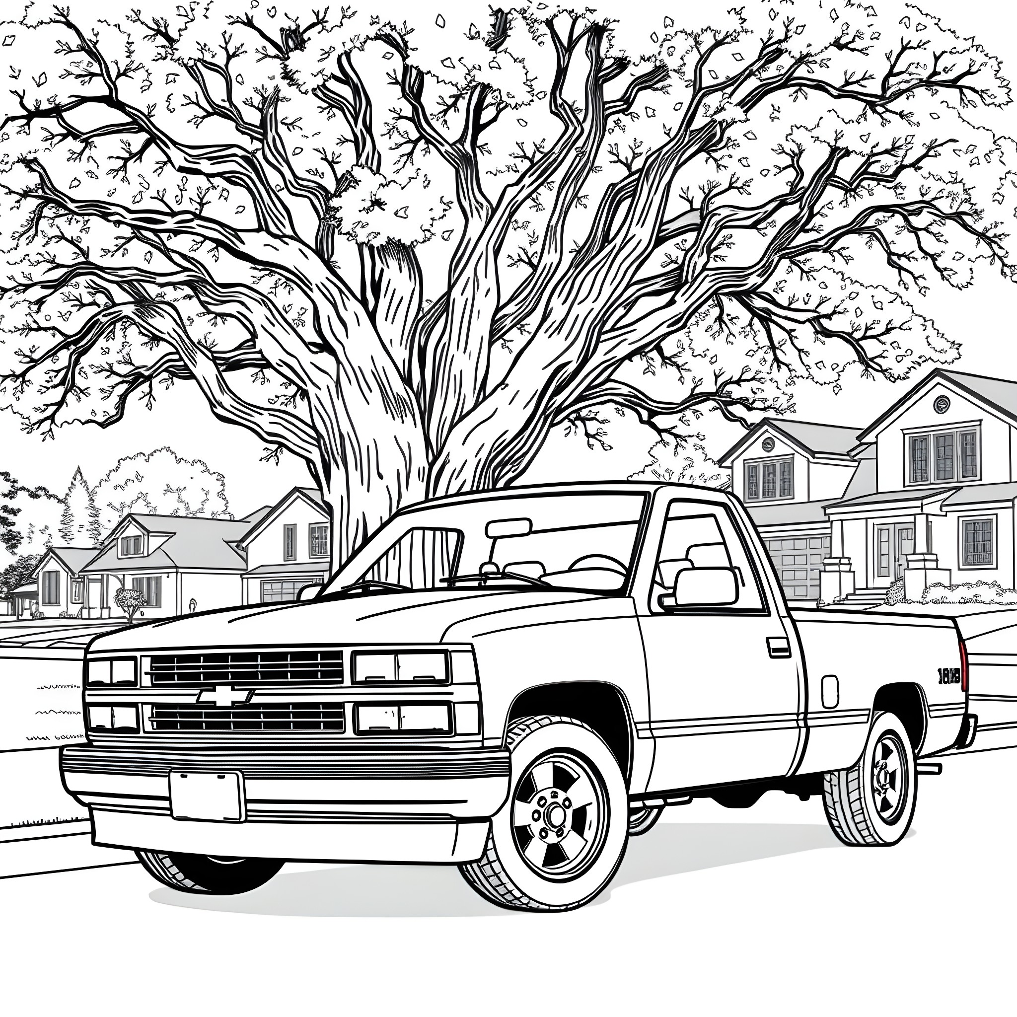 Chevy pickup truck under the giant oak tree Coloring Page (free black-and-white line drawing printable PDF for all, from beginners to advanced learners, including children, teens, adults, and seniors)