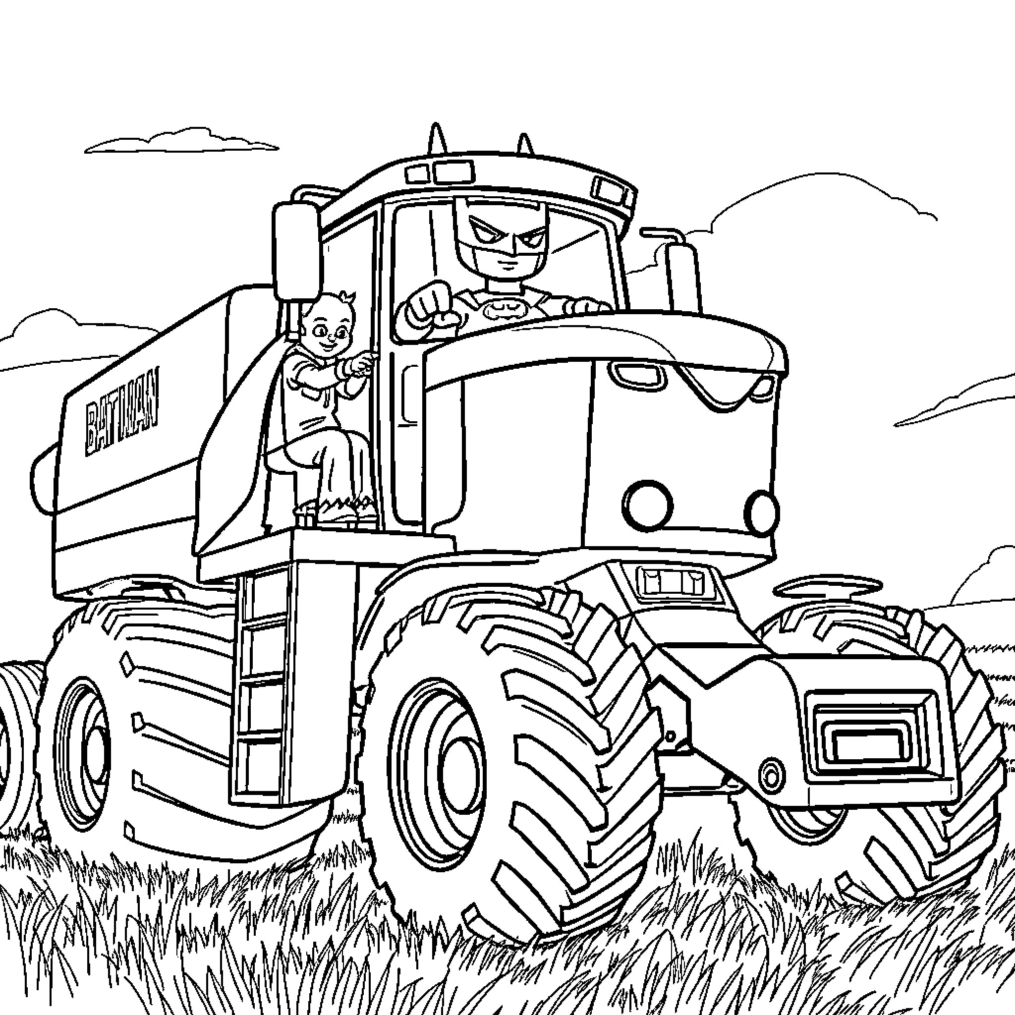 Batman operating a mighty farm tractor in the field Coloring Page (free black-and-white line drawing printable PDF for all, from beginners to advanced learners, including children, teens, adults, and seniors)