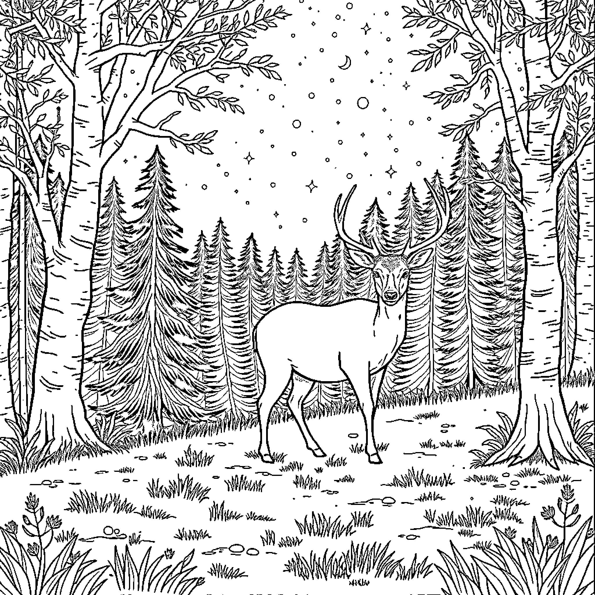 Deer in the Enchanted Forest Coloring Page (free black-and-white line drawing printable PDF for all, from beginners to advanced learners, including children, teens, adults, and seniors)