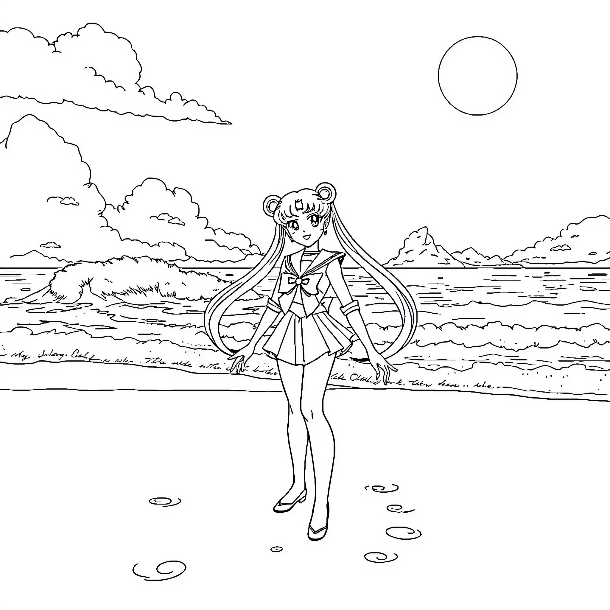 Sailor Moon Standing by the Ocean Coloring Page (free black-and-white line drawing printable PDF for all, from beginners to advanced learners, including children, teens, adults, and seniors)